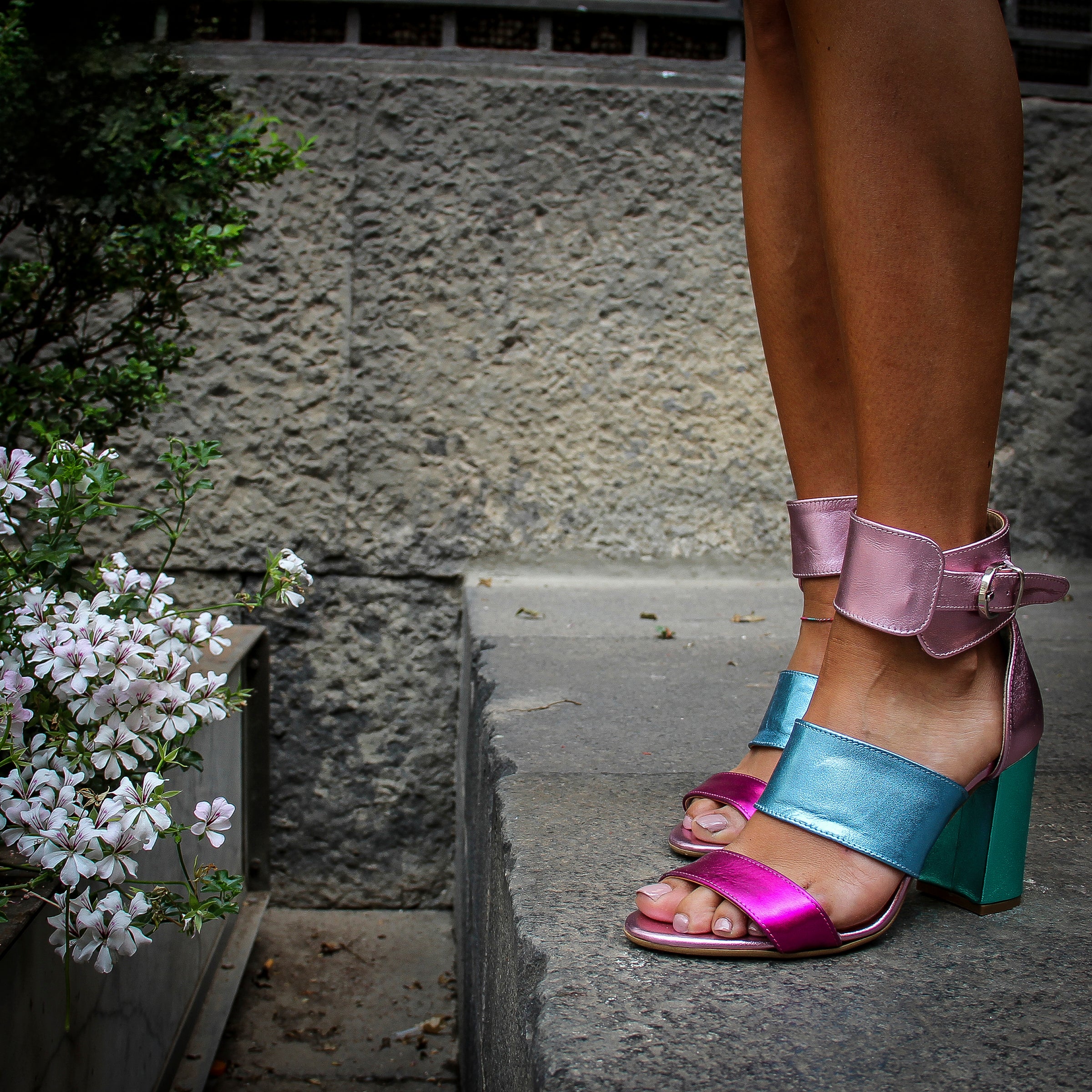 AMLET_840 - Sandalo in Vera Pelle Laminata Multicolor Tacco 10 Cm