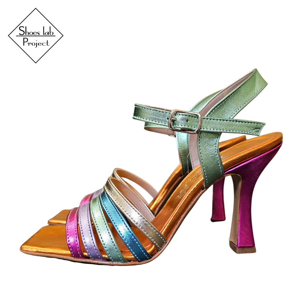 ARTEMIS_250_RAINBOW - Sandalo in Vera Pelle Laminata Multicolor con Tacco Rocchetta 9 Cm