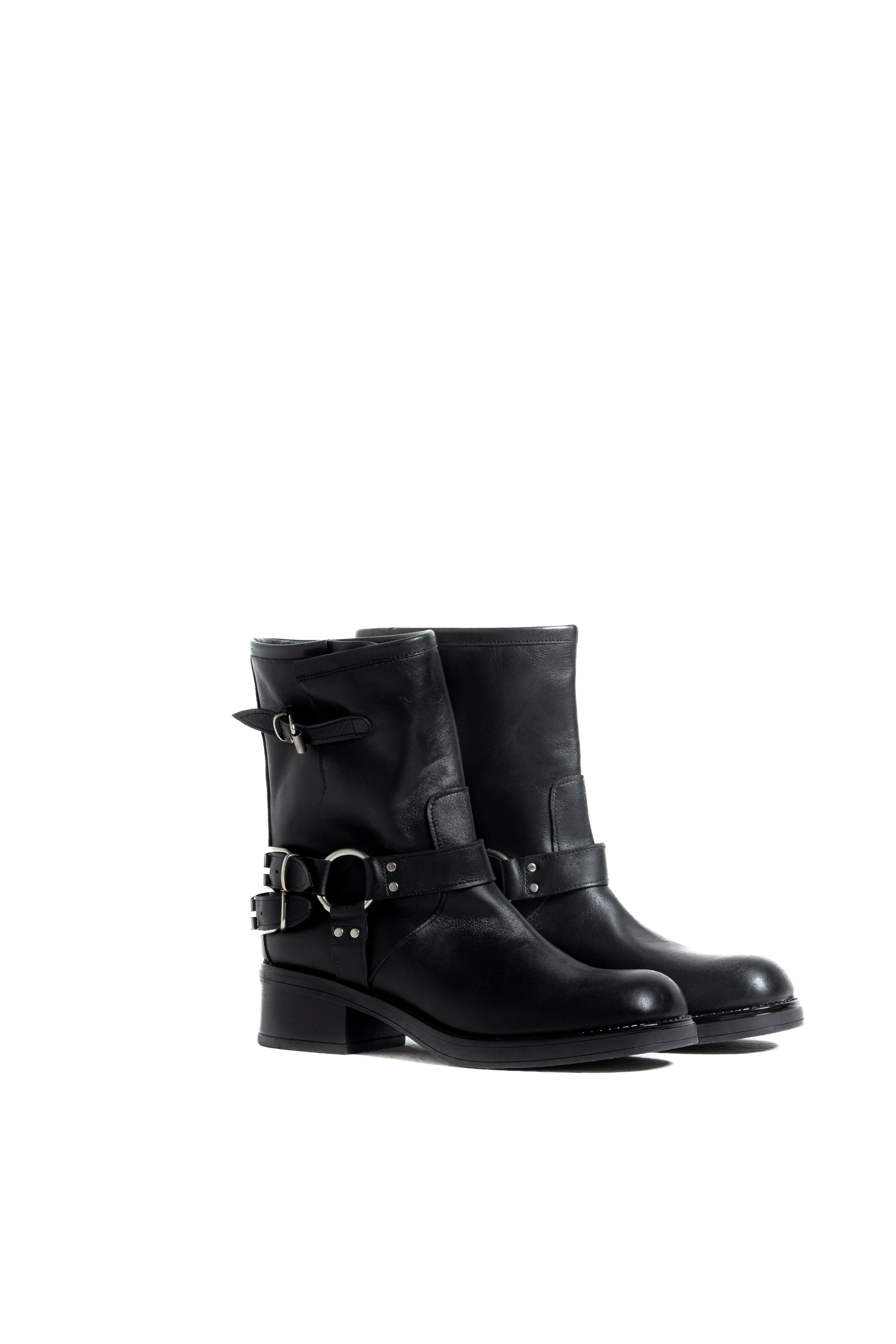 DAKOTA - Stivaletto tubolare mood Biker Anfibio in Pelle Nera con Fondo in Gomma e Fibbie