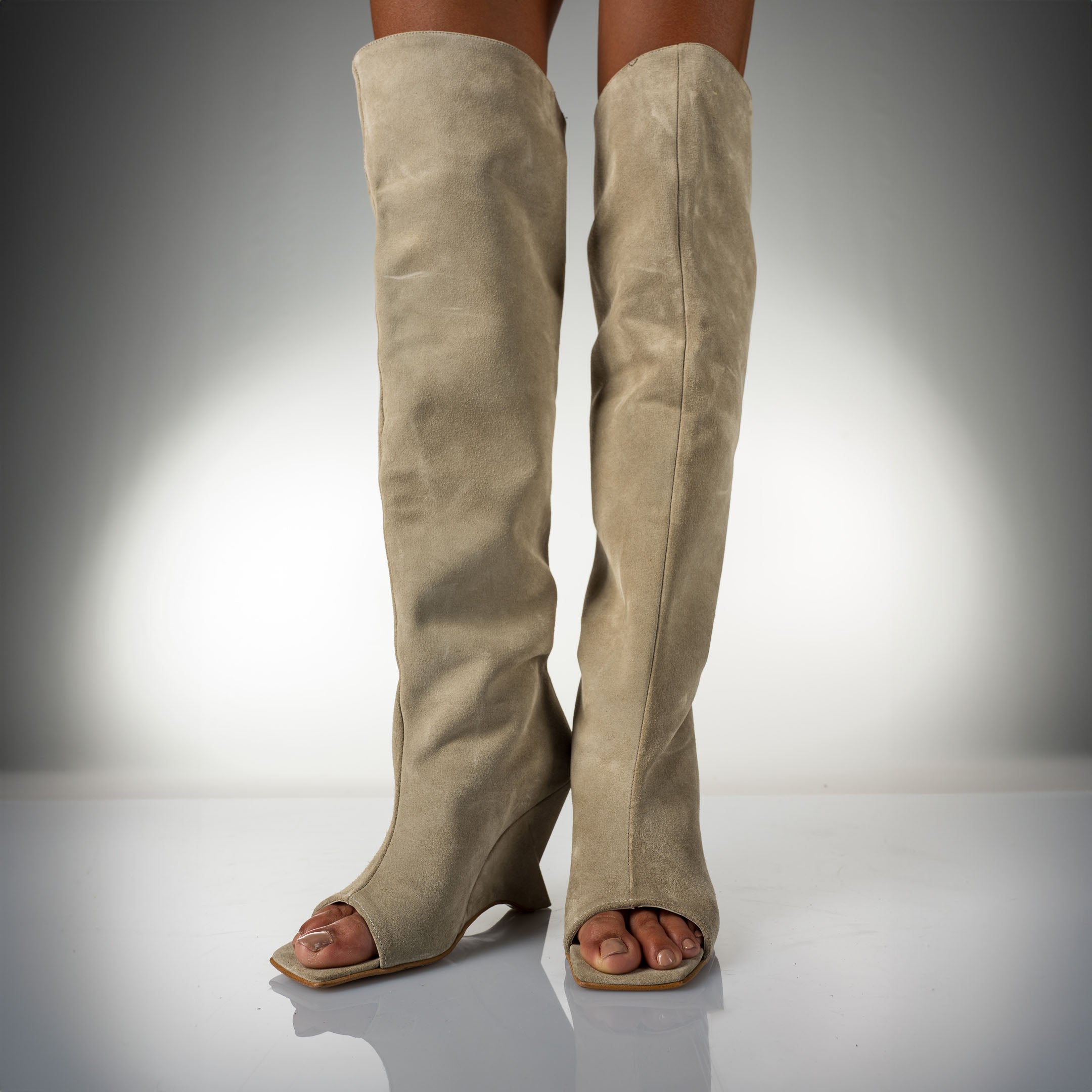 DALIAH_TOP - Peep toe boot in real sand suede with asymmetric wedge