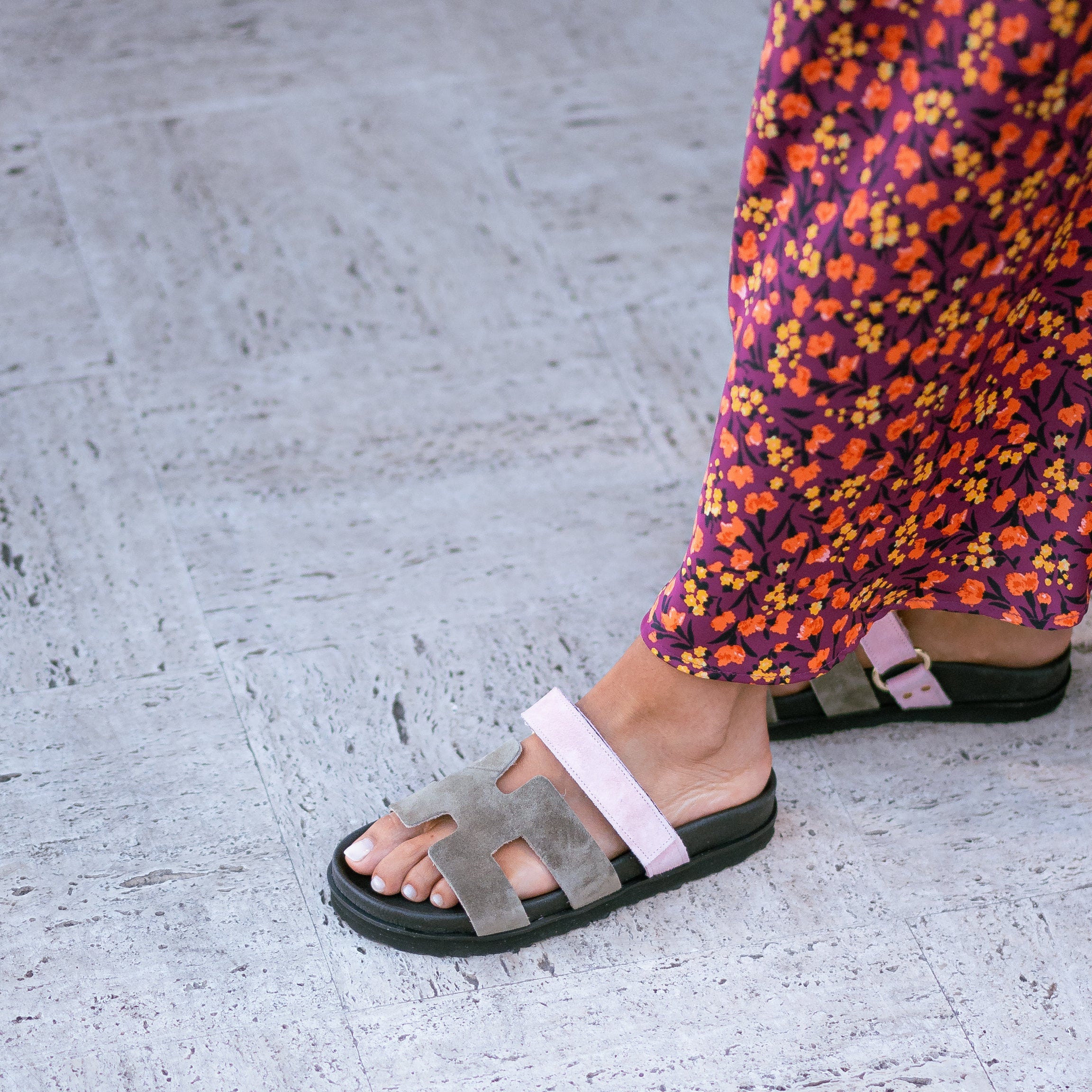 LUNA - Ciabatta in Vero Camoscio Bicolor con Fussbett Anatomico in Gomma da 3 Cm - Fascia H XL + Cinturino