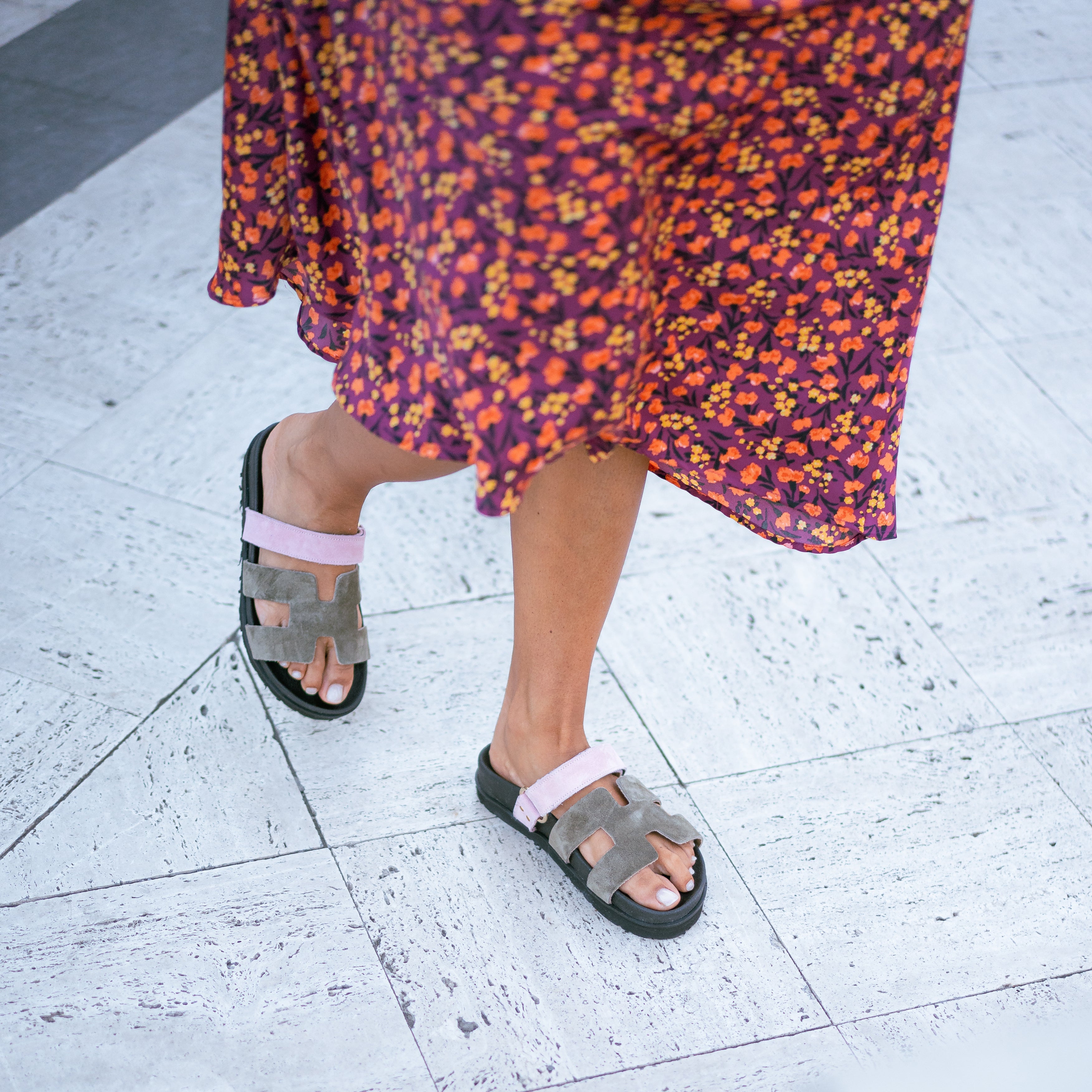 LUNA - Ciabatta in Vero Camoscio Bicolor con Fussbett Anatomico in Gomma da 3 Cm - Fascia H XL + Cinturino