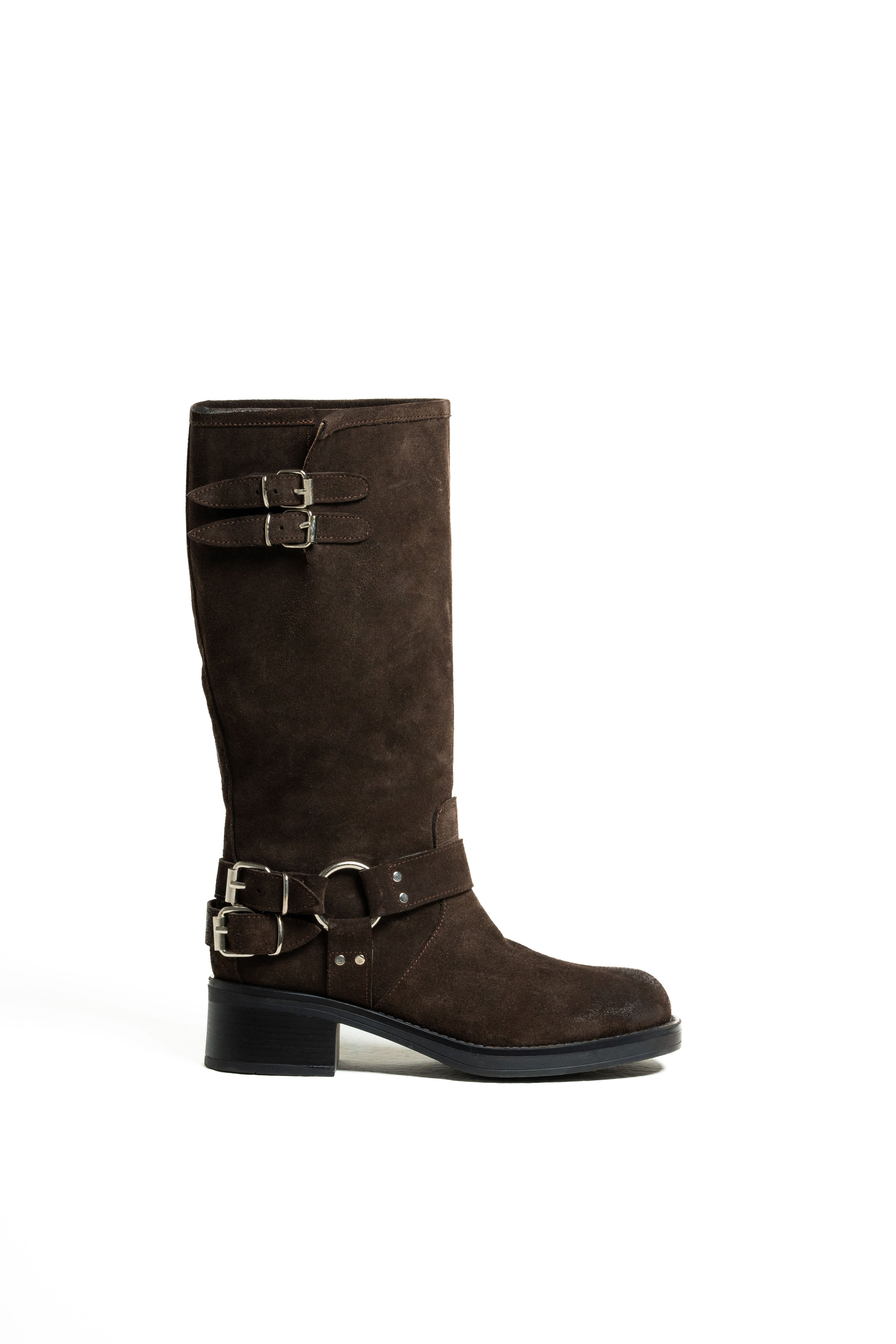 NEVADA - Stivale tubolare mood Biker Anfibio in Vero Camoscio Testa di Moro con Fondo in Gomma e Fibbie