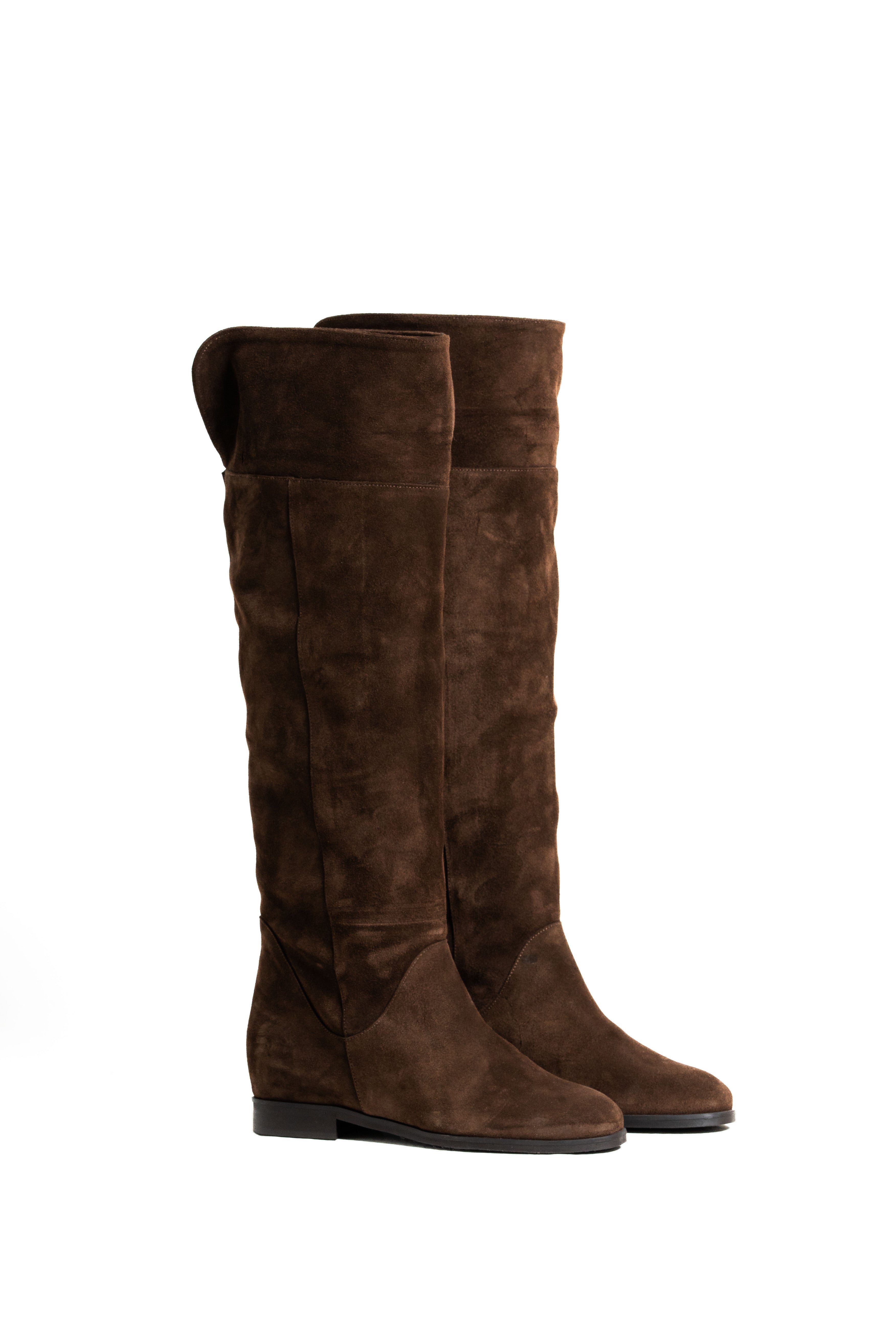 R1205 - Stivale tubolare al ginocchio in Vero Camoscio Cioccolato con rialzo interno