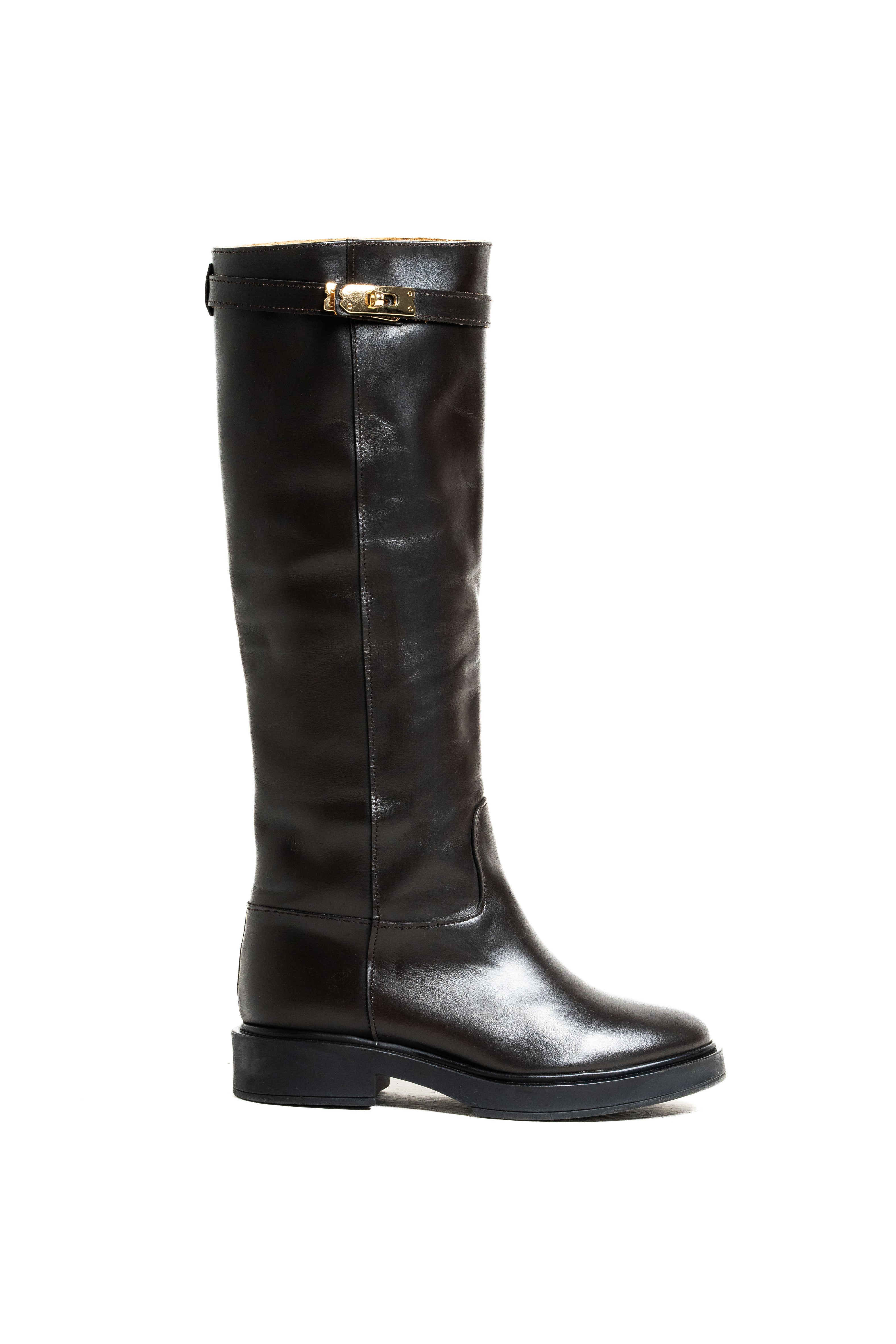 MEDEA - Stivale tubolare in Vera Pelle Testa di Moro con cinturino e accessorio dorato - Fondo in Gomma