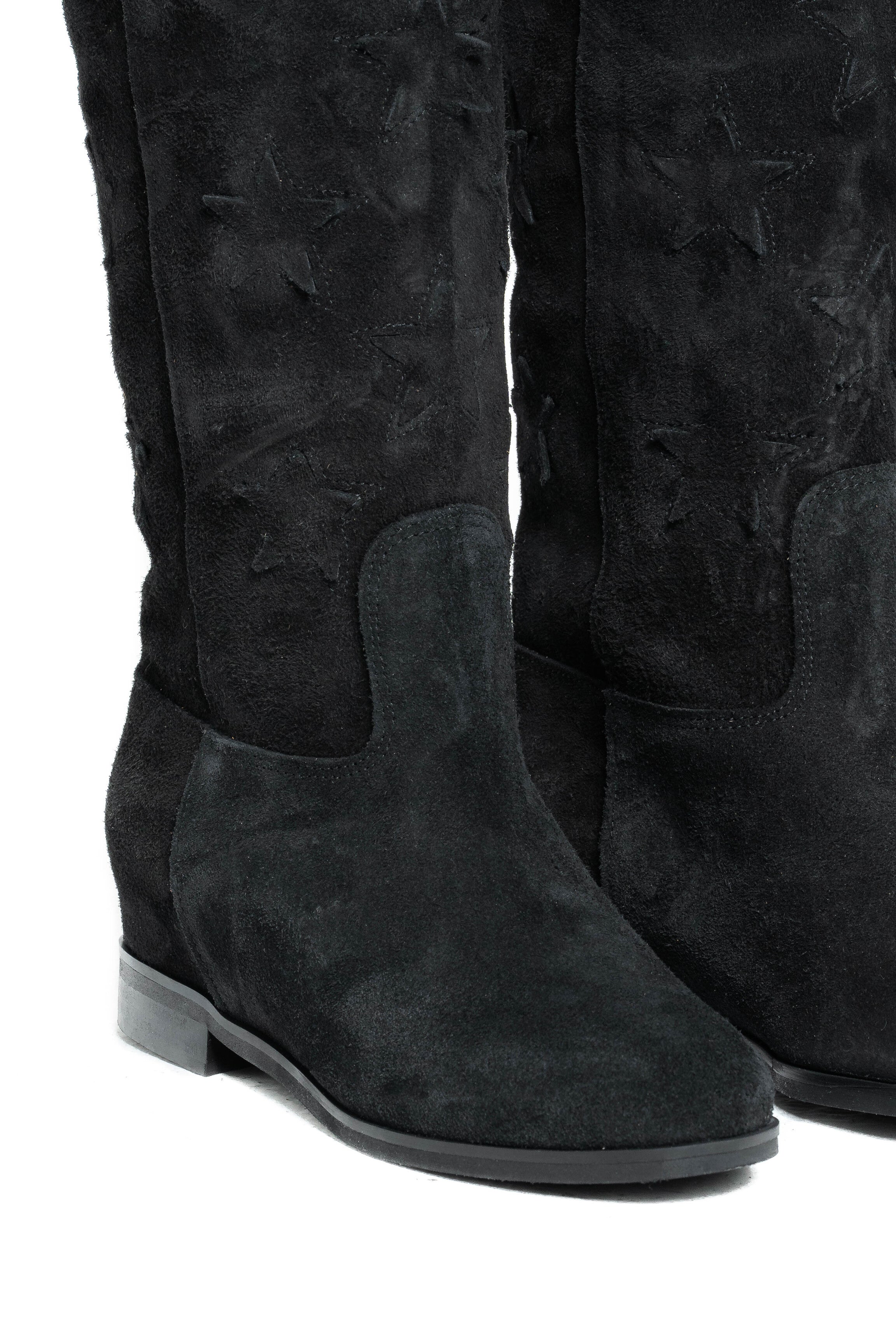 R30 STARS - Stivale tubolare in Camoscio Nero con stelle e rialzo interno