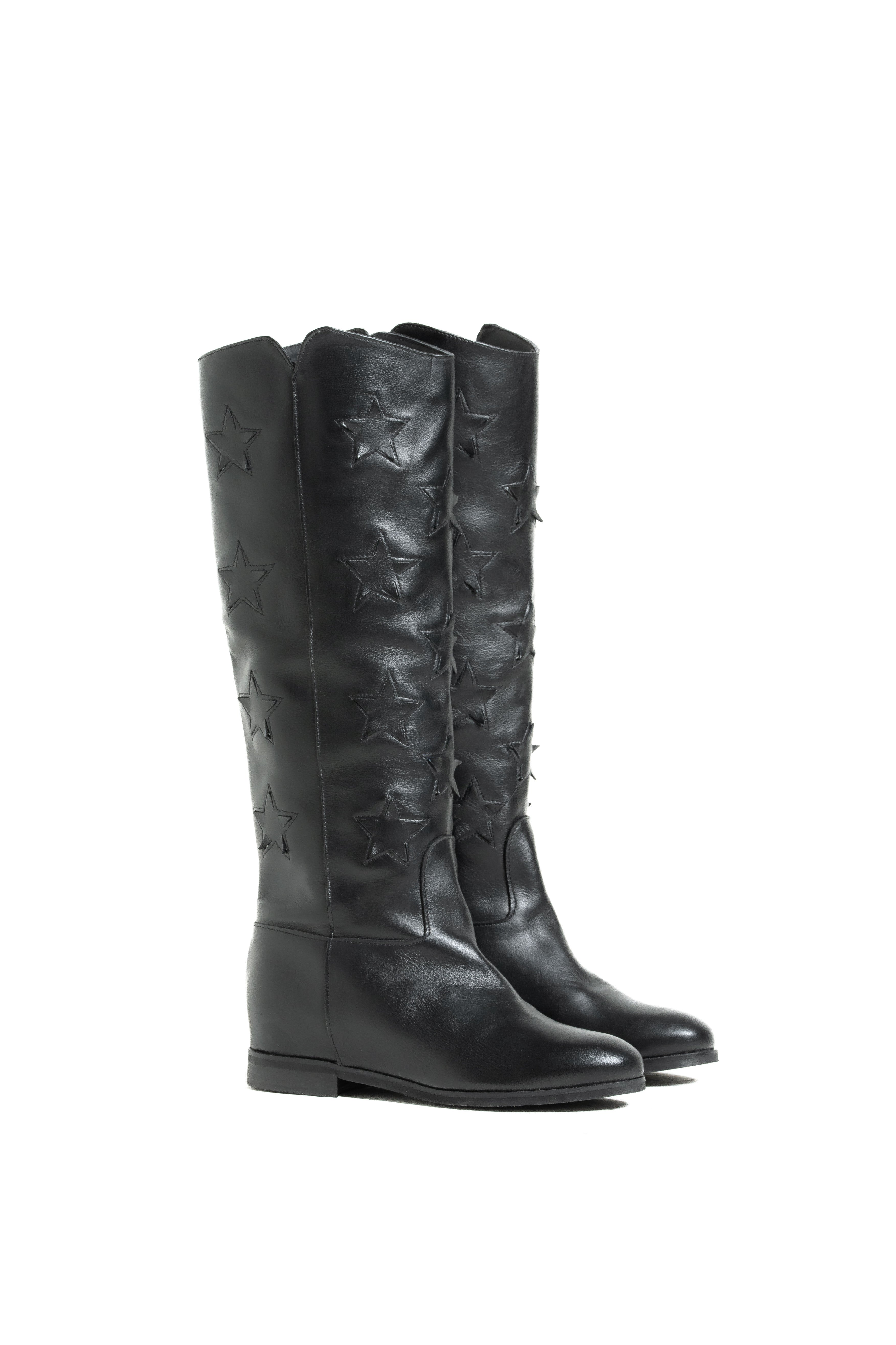 R30 STARS - Stivale tubolare in Pelle Nera con stelle e rialzo interno