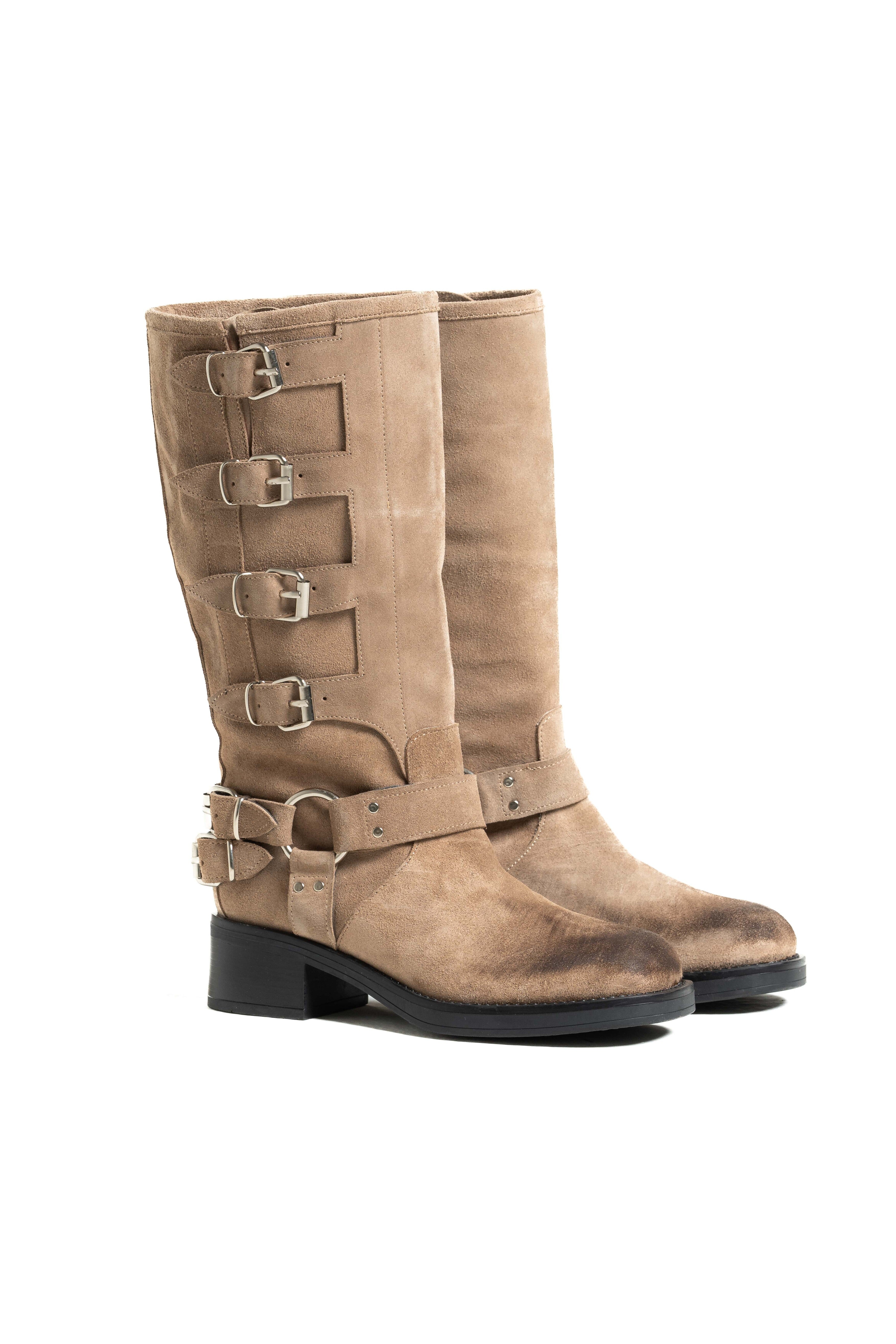 V7 - Tubular Boot Mood Biker Amphibian in Brown Suede with Rubber Sole and Buckles