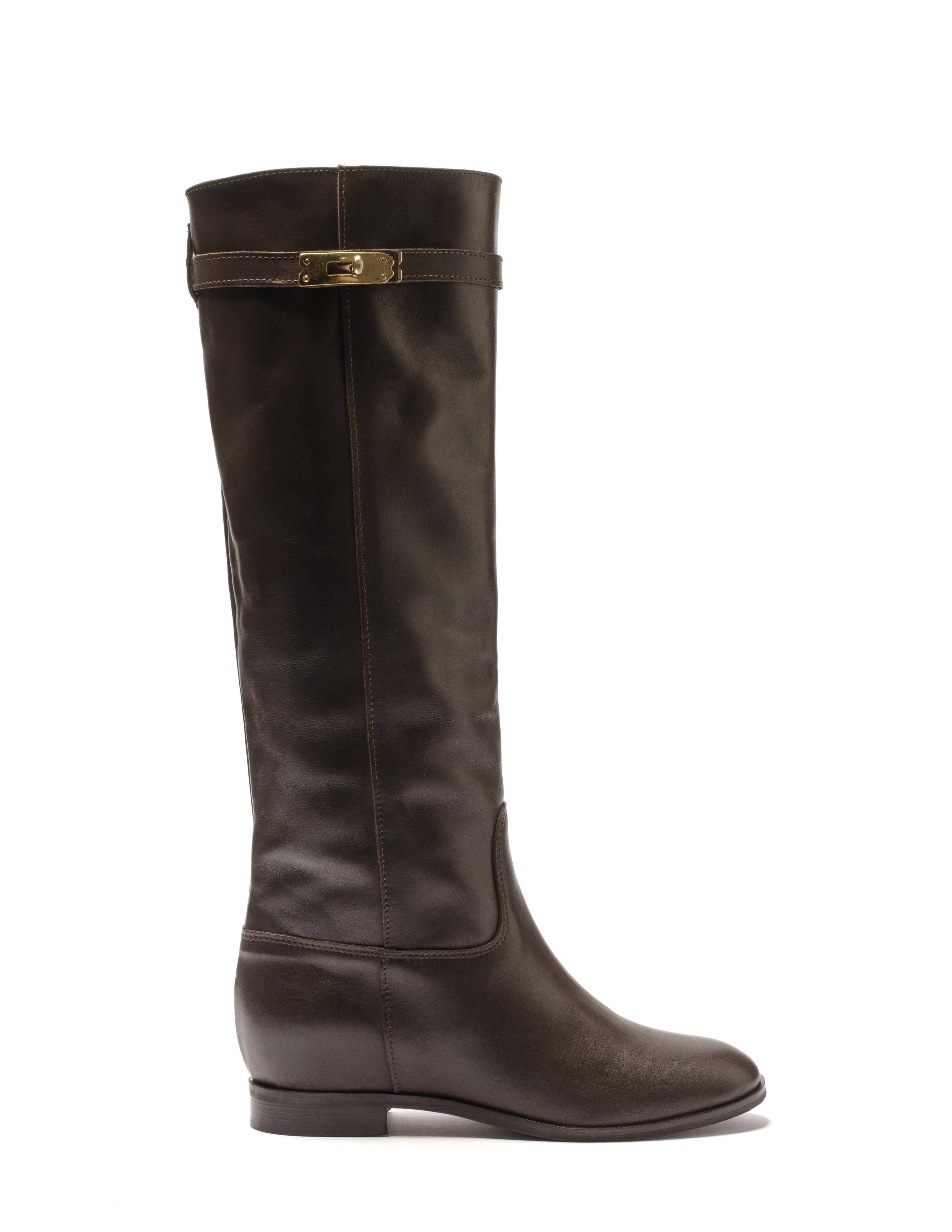 ELYZABETH - Dark Brown Genuine Leather Tubular Boot with Strap and Gold Accessory and Internal Lift