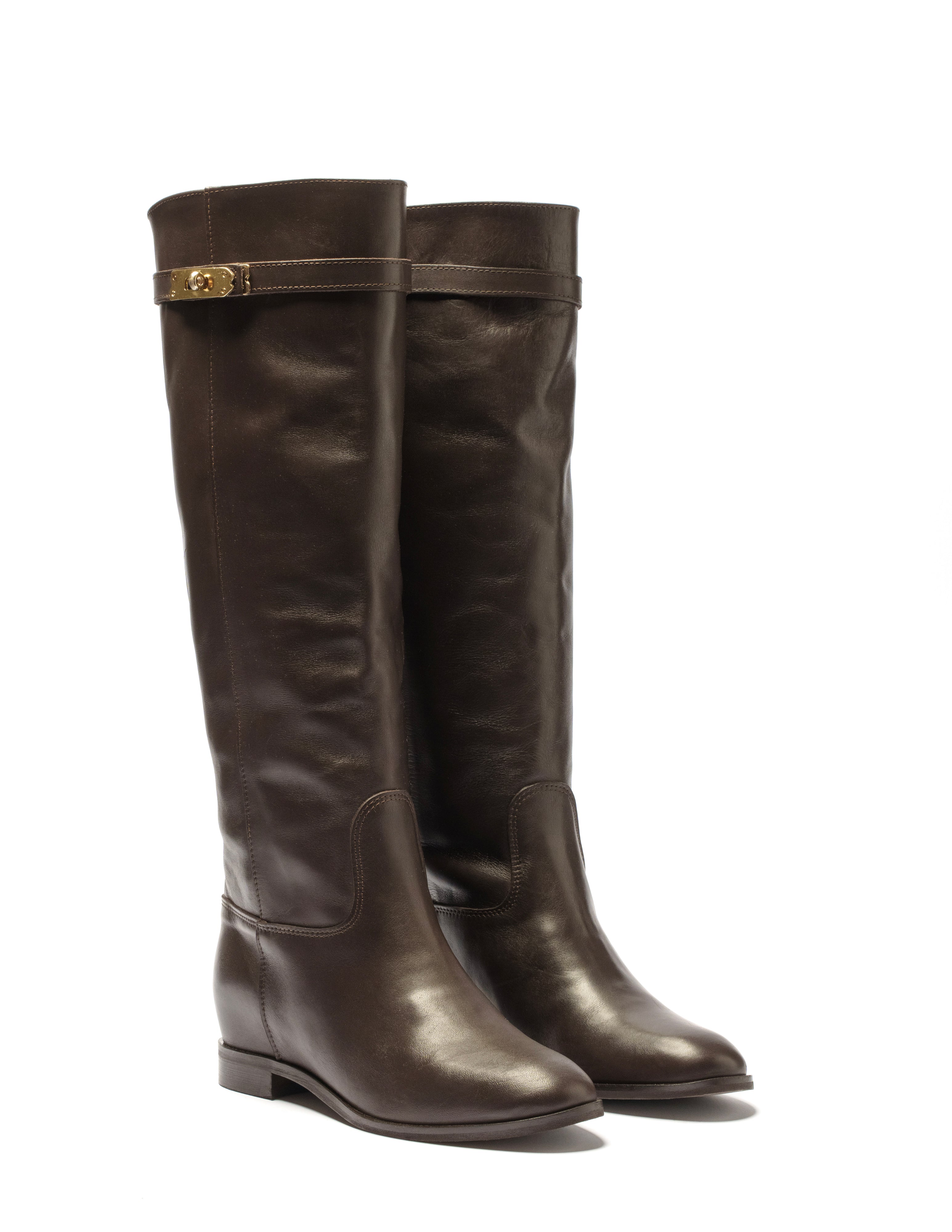ELYZABETH - Dark Brown Genuine Leather Tubular Boot with Strap and Gold Accessory and Internal Lift