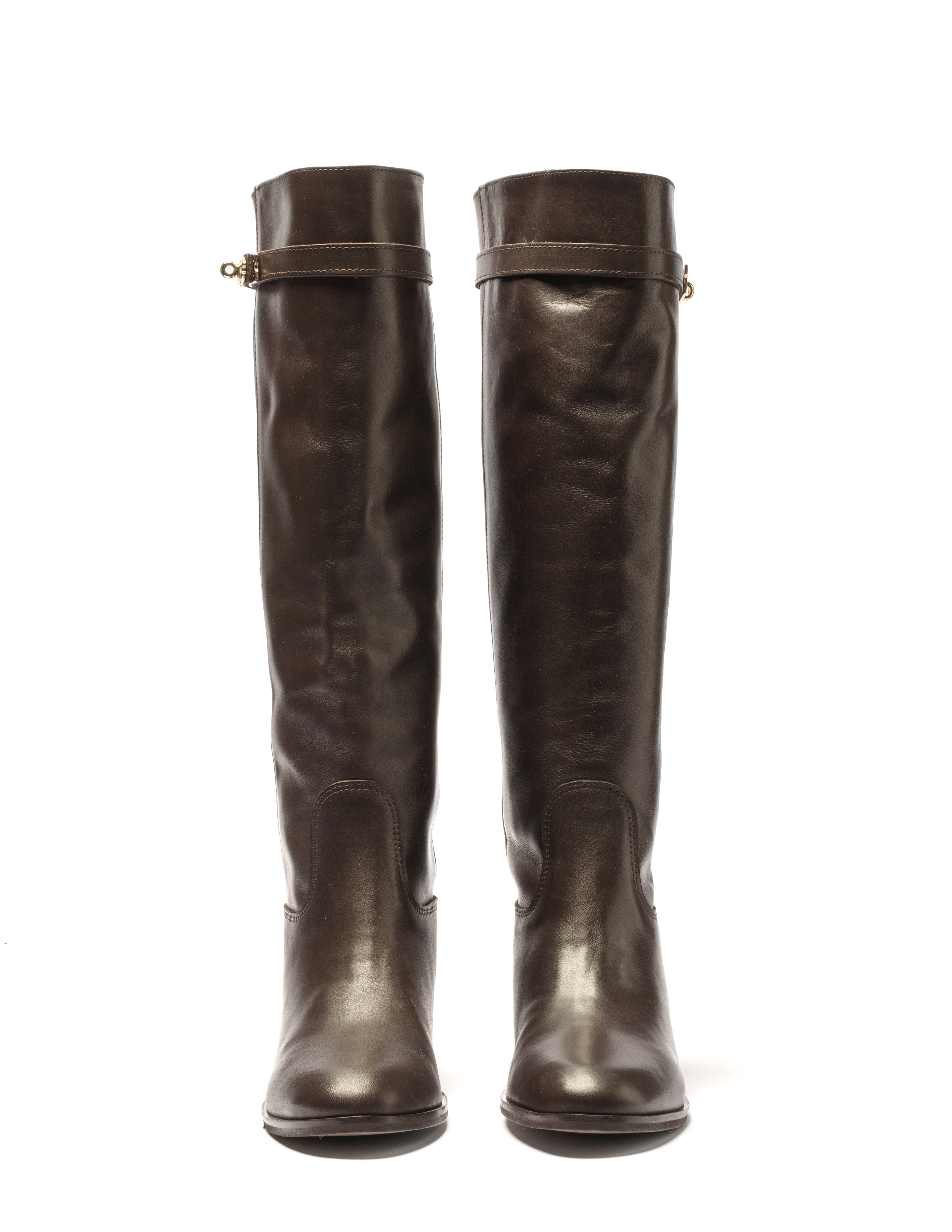 ELYZABETH - Dark Brown Genuine Leather Tubular Boot with Strap and Gold Accessory and Internal Lift