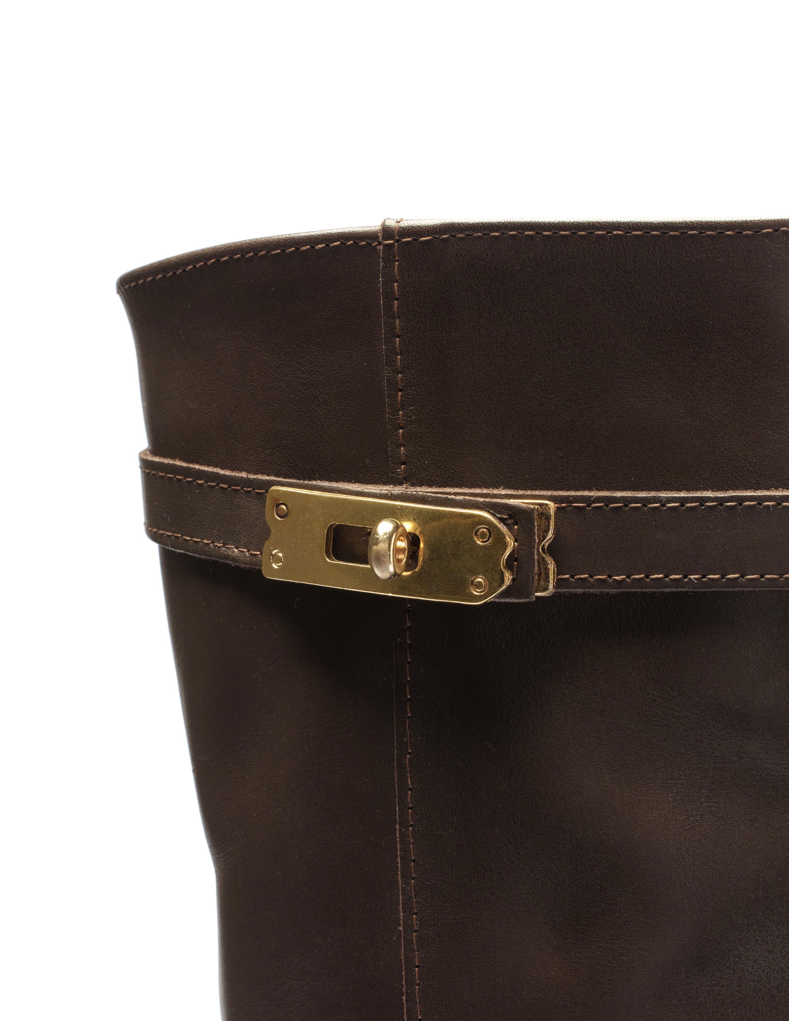 ELYZABETH - Dark Brown Genuine Leather Tubular Boot with Strap and Gold Accessory and Internal Lift