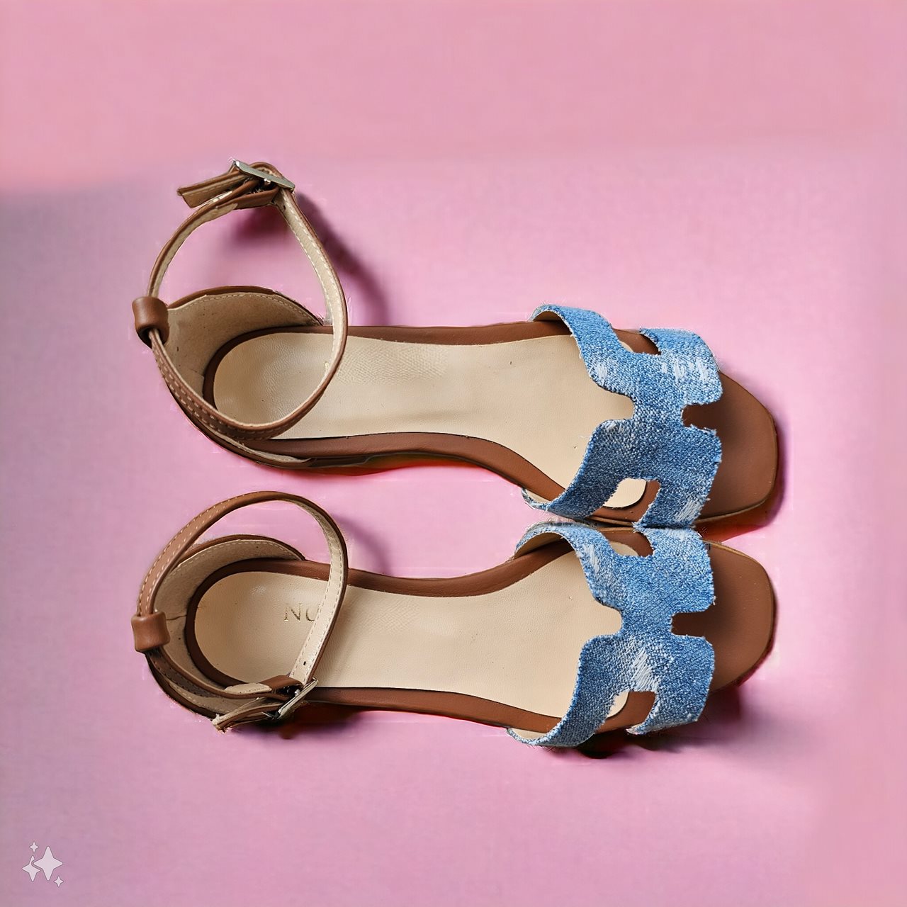 ERA - Flat Sandal in Vintage Jeans Denim Fabric and Real Leather with Strap