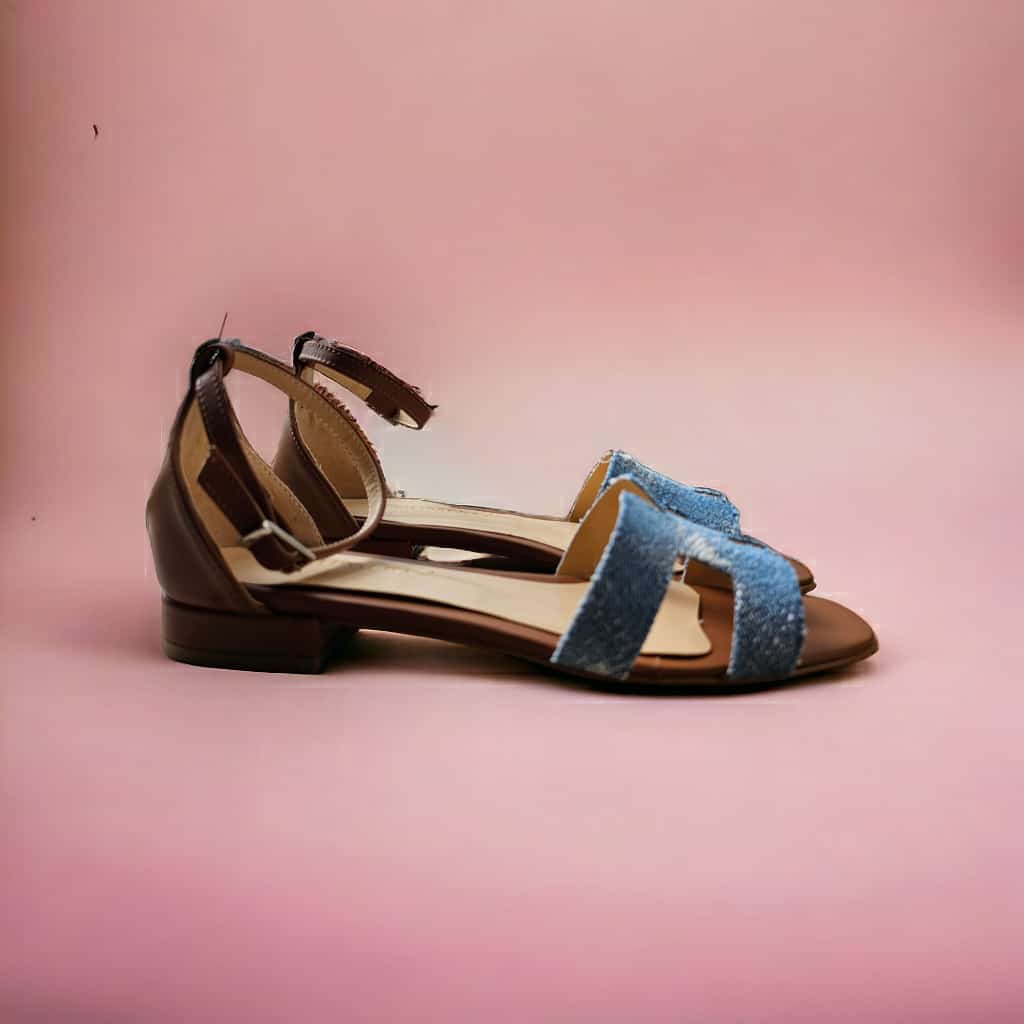 ERA - Flat Sandal in Vintage Jeans Denim Fabric and Real Leather with Strap