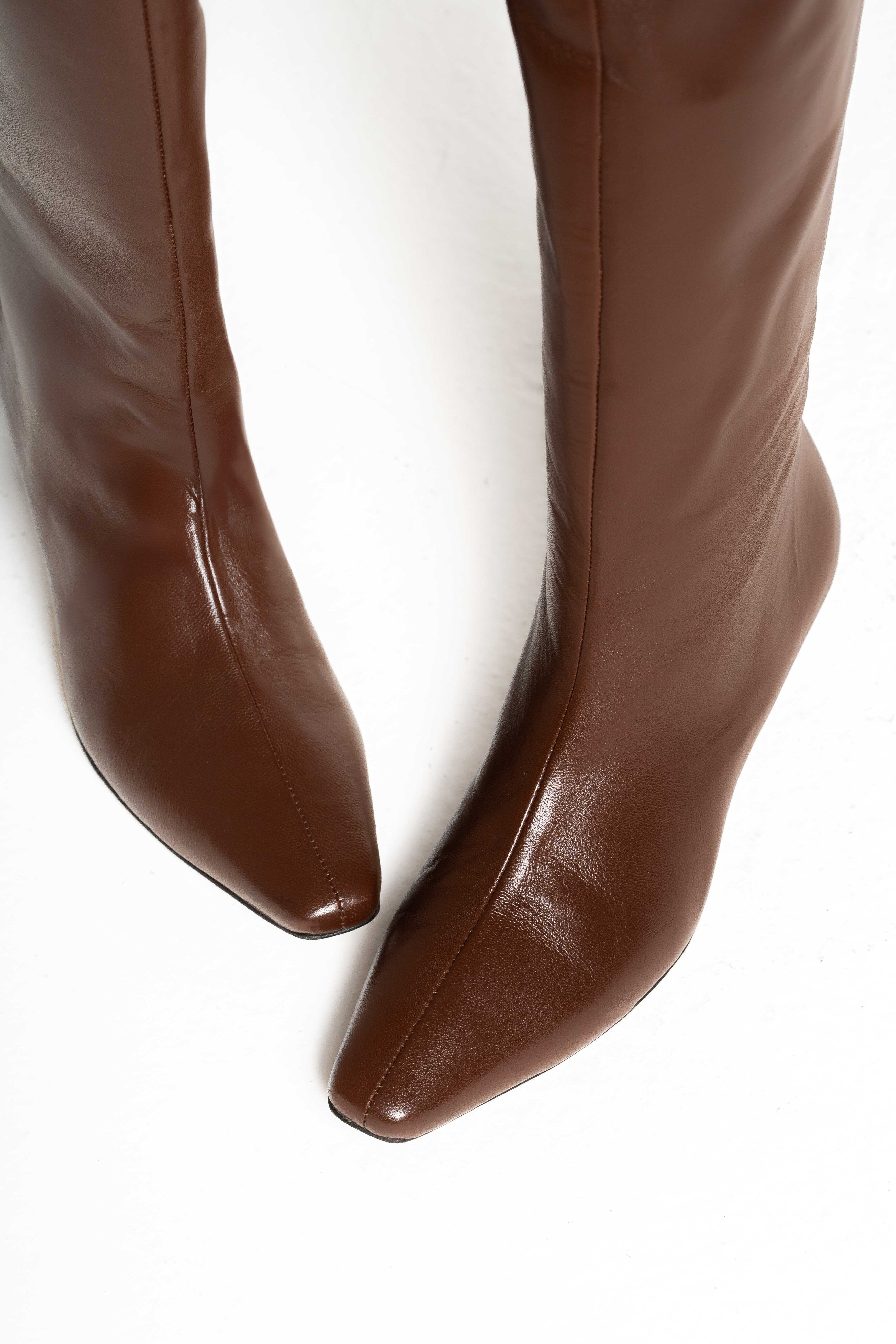 JADE - Stivali Cuissard in Vera Pelle Cioccolato - Tacco Roghetto 5 Cm