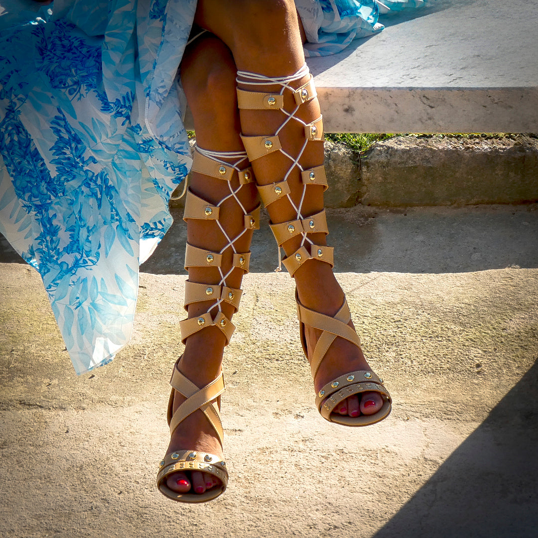 JANET_50 - Slave Sandal with Back Zipper in Caramel Genuine Leather with 5 Cm heel