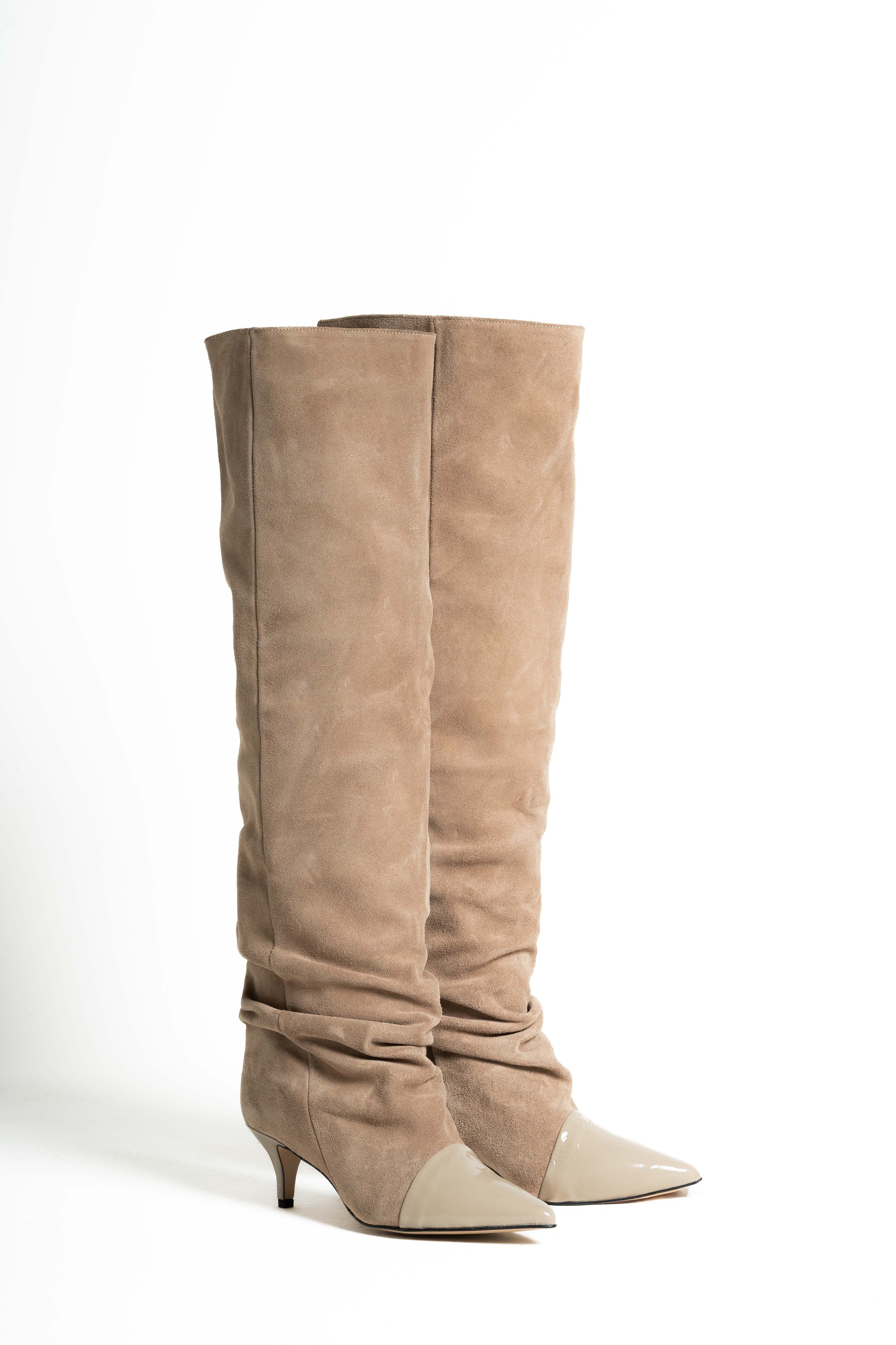 JENNIFER_TWINS - Stivale alto al ginocchio in Vero Camoscio e Vera Pelle Tortora - Tacco 5 Cm