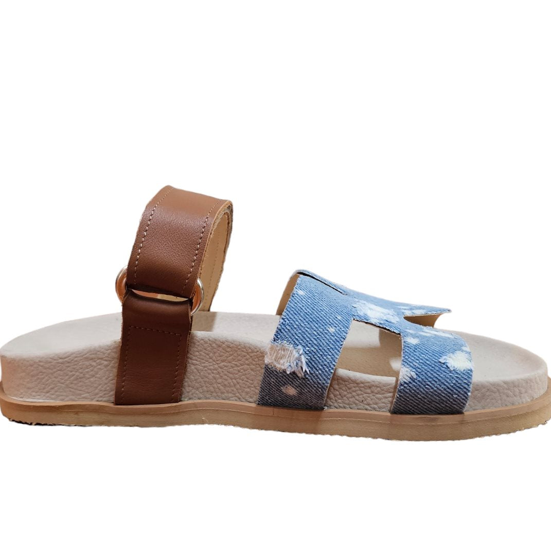 LUNA - Slipper in Real Leather and Denim Fabric Vintage Jeans with 3 cm Anatomical Rubber Footbed