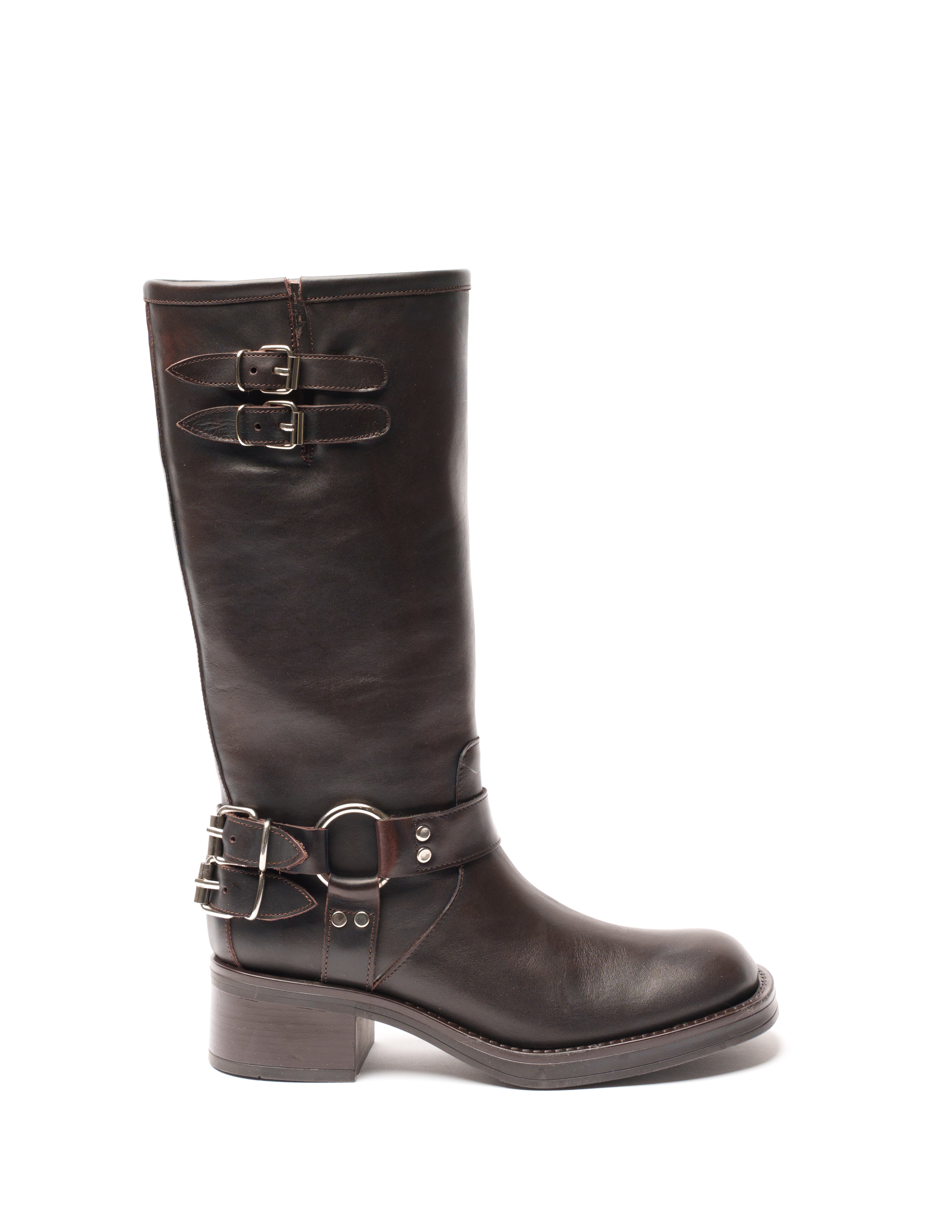 NEVADA - Stivale tubolare mood Biker Anfibio in Vera Pelle Testa di Moro con Fondo in Gomma e Fibbie