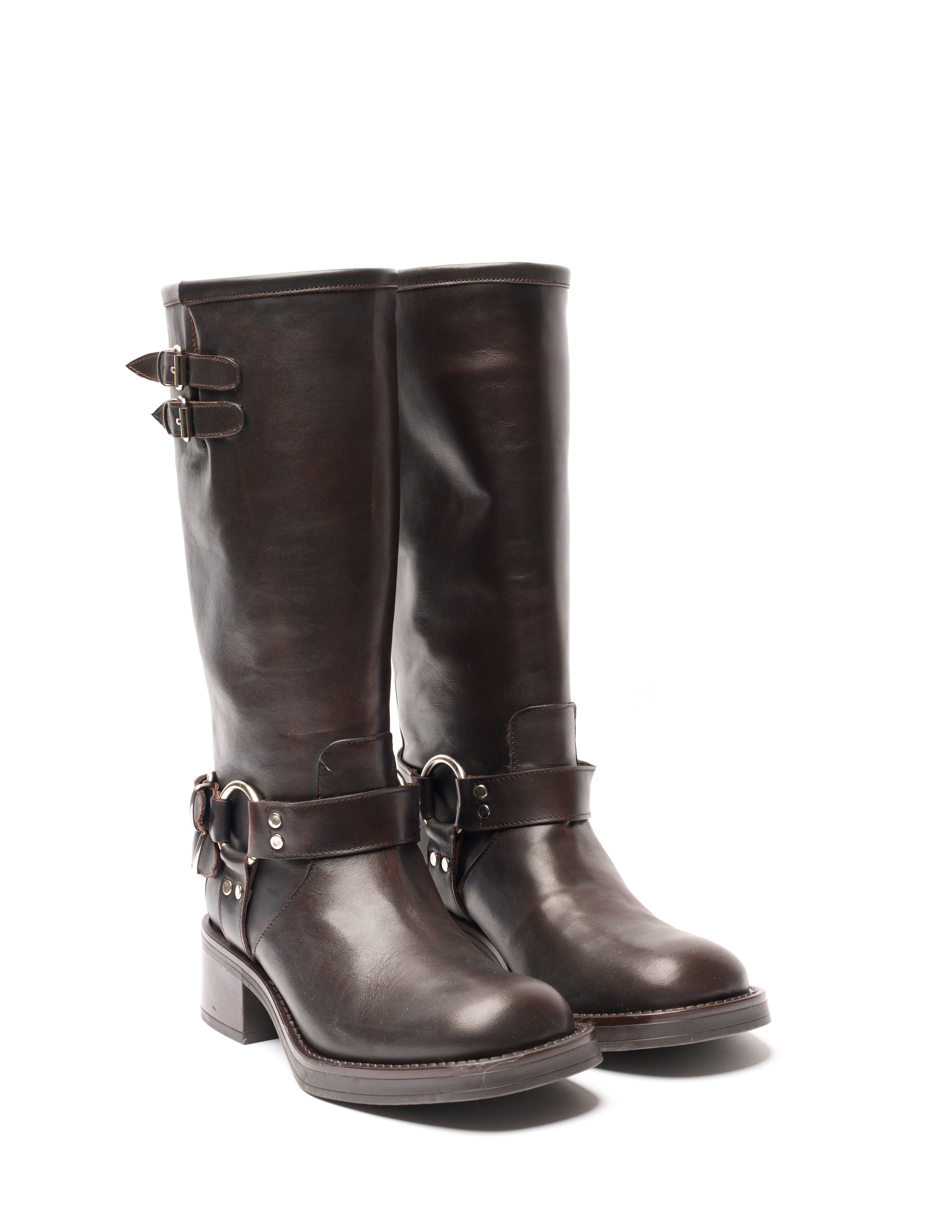 NEVADA - Stivale tubolare mood Biker Anfibio in Vera Pelle Testa di Moro con Fondo in Gomma e Fibbie