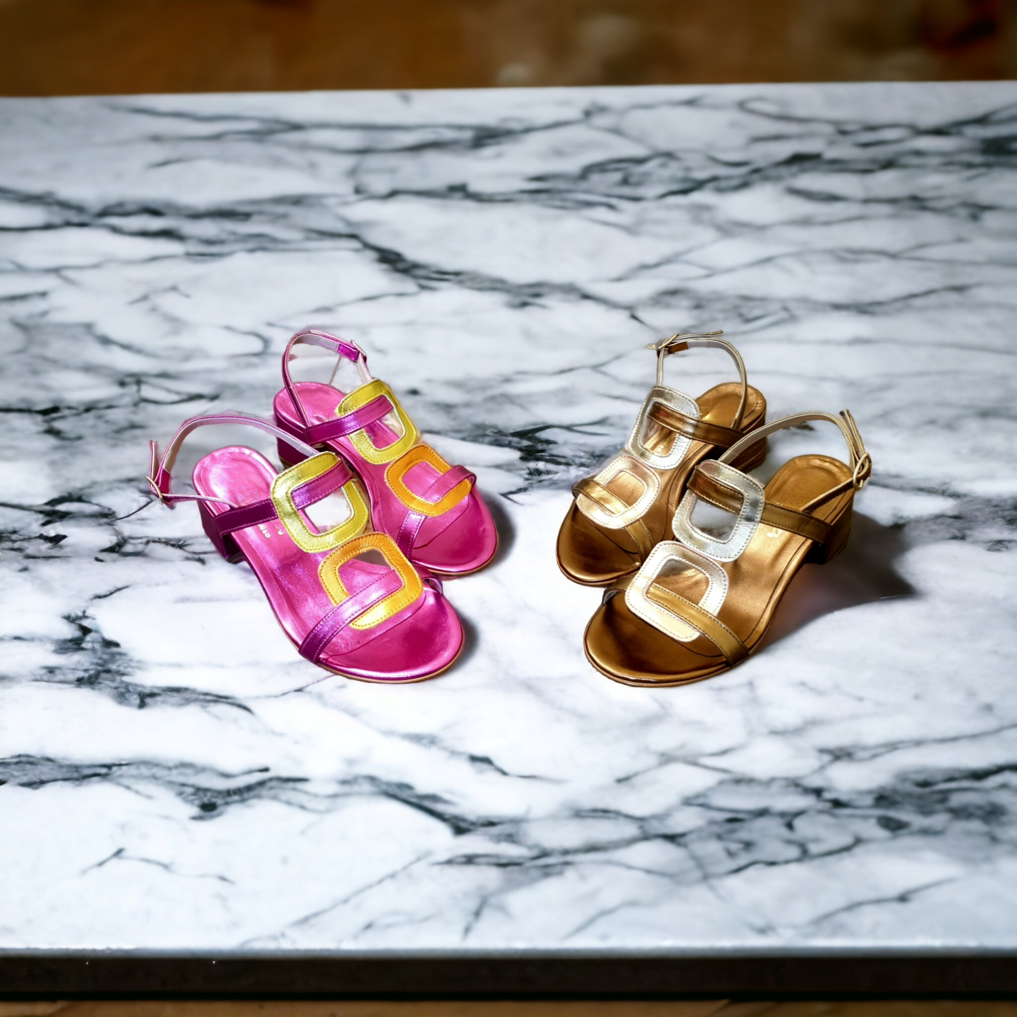 SQUARE - Fuchsia Laminated Genuine Leather Sandal with 5cm Heel