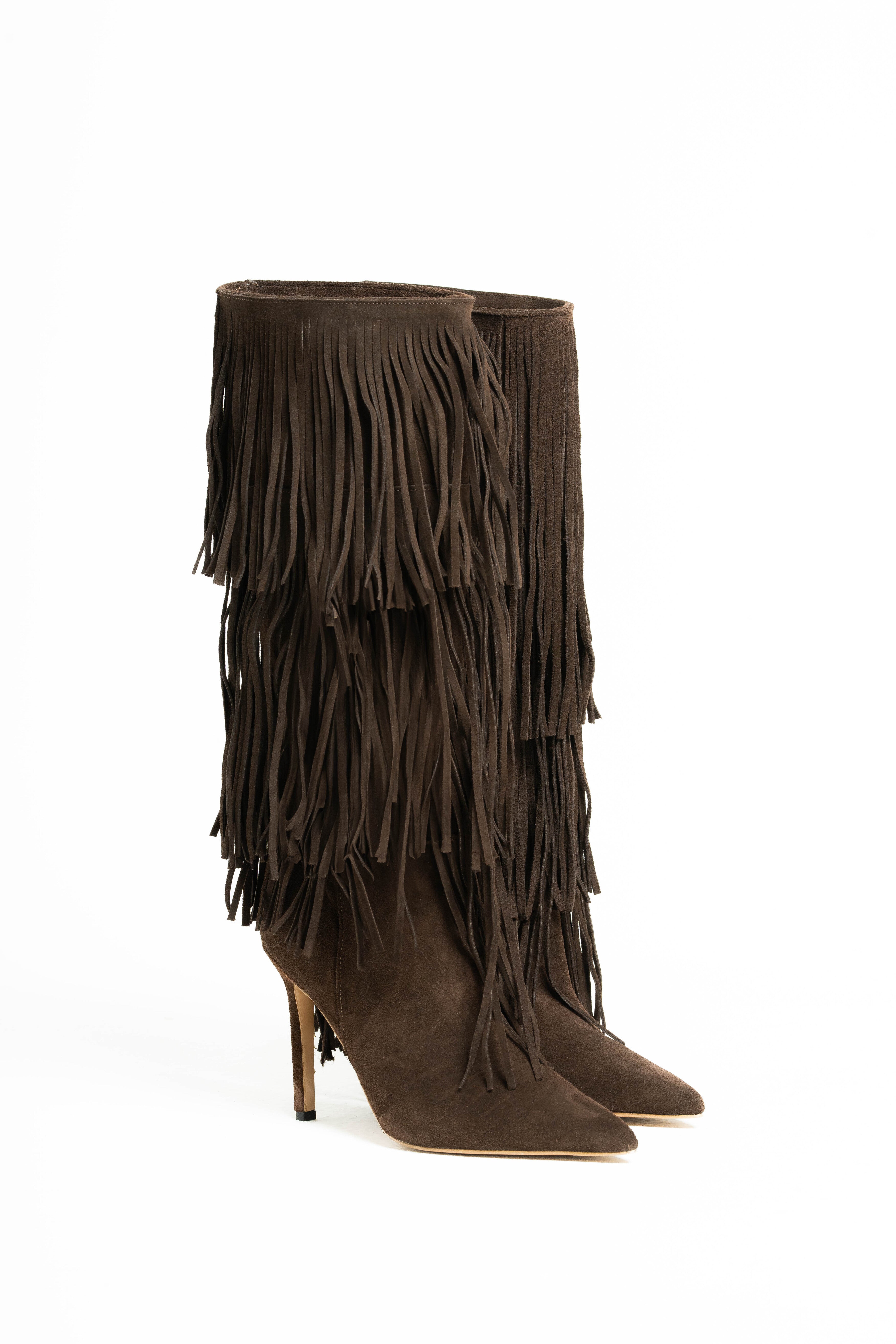 SCARLETT - Stivale Tubolare Sotto al Ginocchio Con Frange in Vero Camoscio Testa di Moro - Tacco Stiletto 10,5 Cm