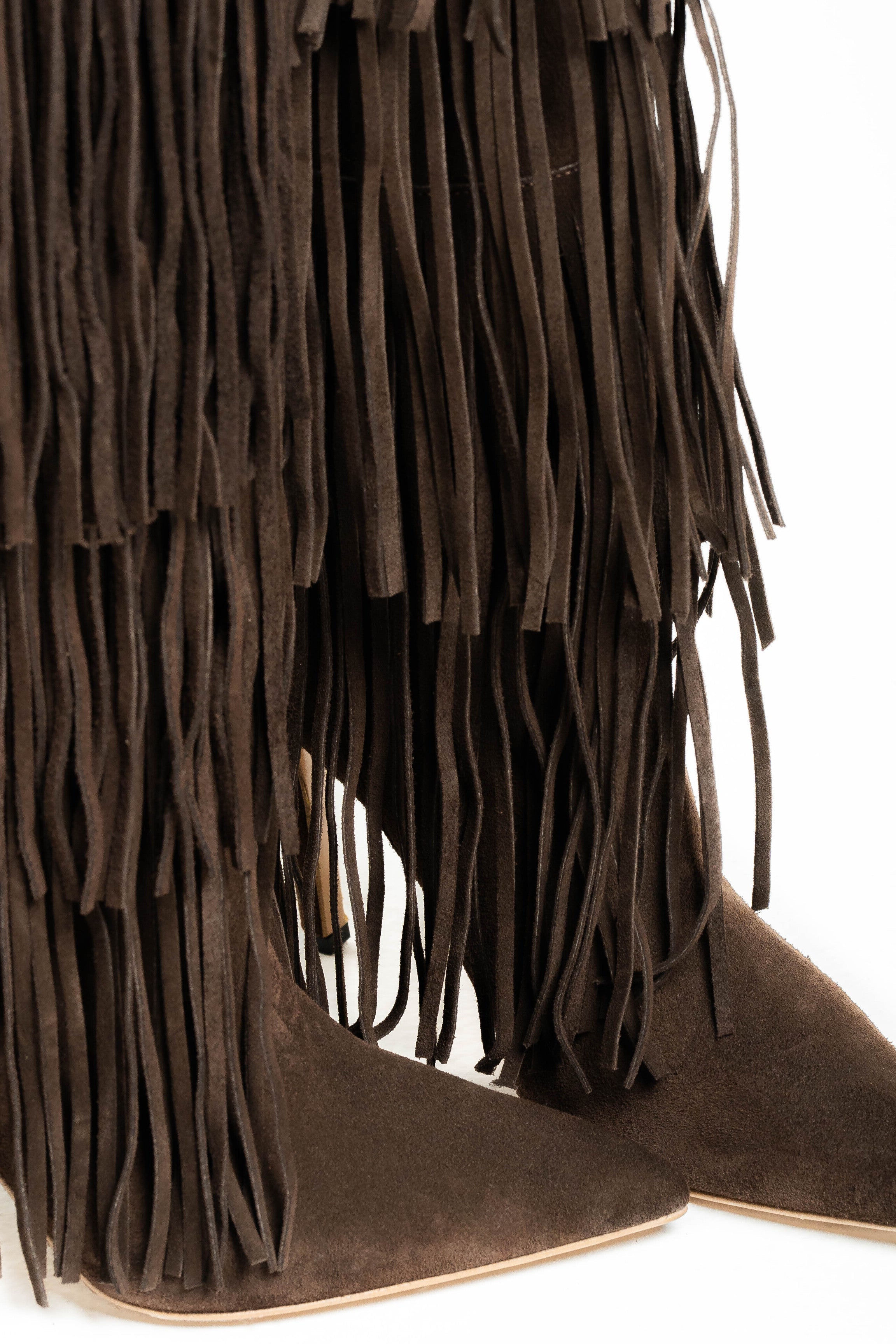 SCARLETT - Stivale Tubolare Sotto al Ginocchio Con Frange in Vero Camoscio Testa di Moro - Tacco Stiletto 10,5 Cm