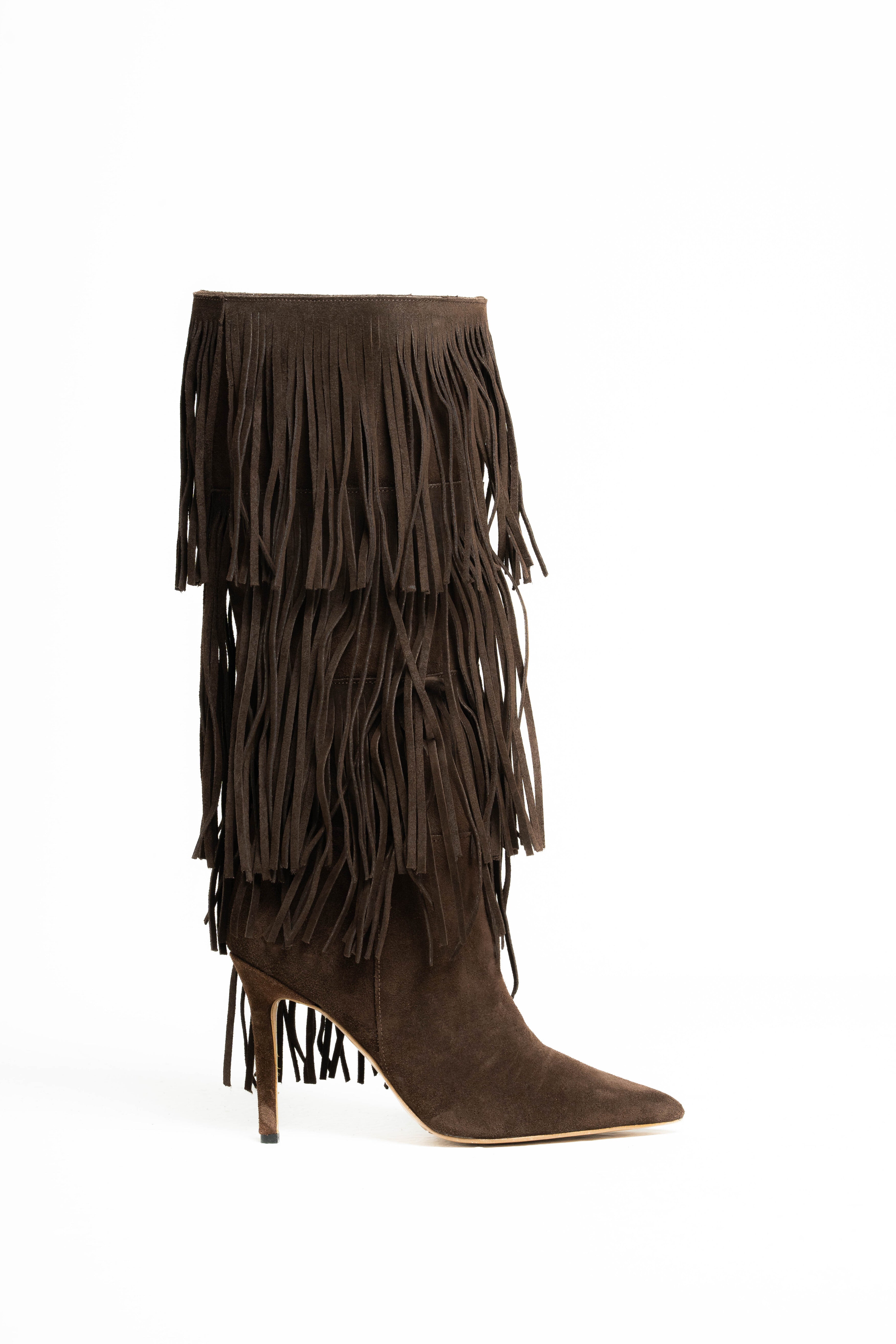 SCARLETT - Stivale Tubolare Sotto al Ginocchio Con Frange in Vero Camoscio Testa di Moro - Tacco Stiletto 10,5 Cm