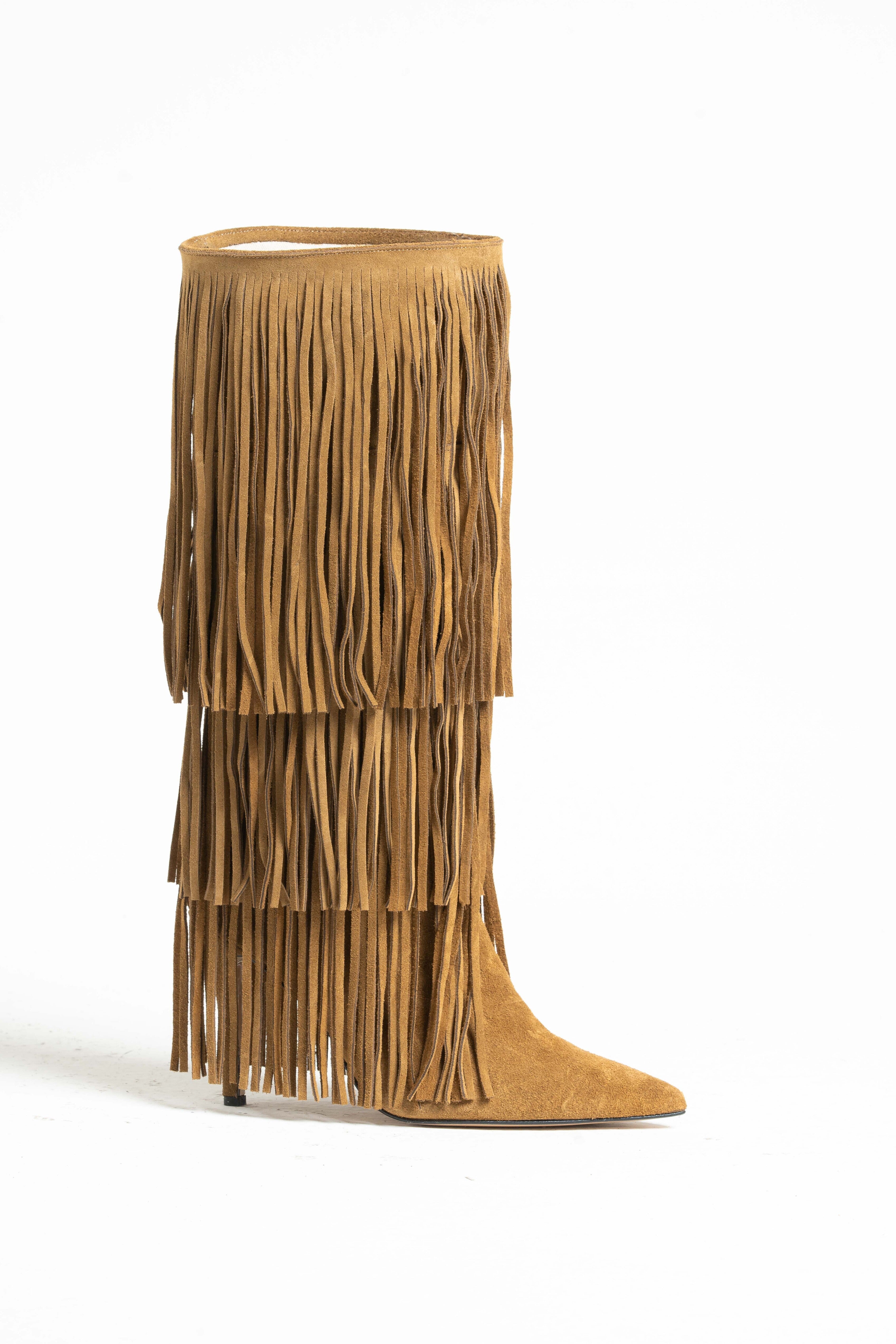 SCARLETT - Stivale Tubolare Sotto al Ginocchio Con Frange in Vero Camoscio Cuoio - Tacco Stiletto 10,5 Cm