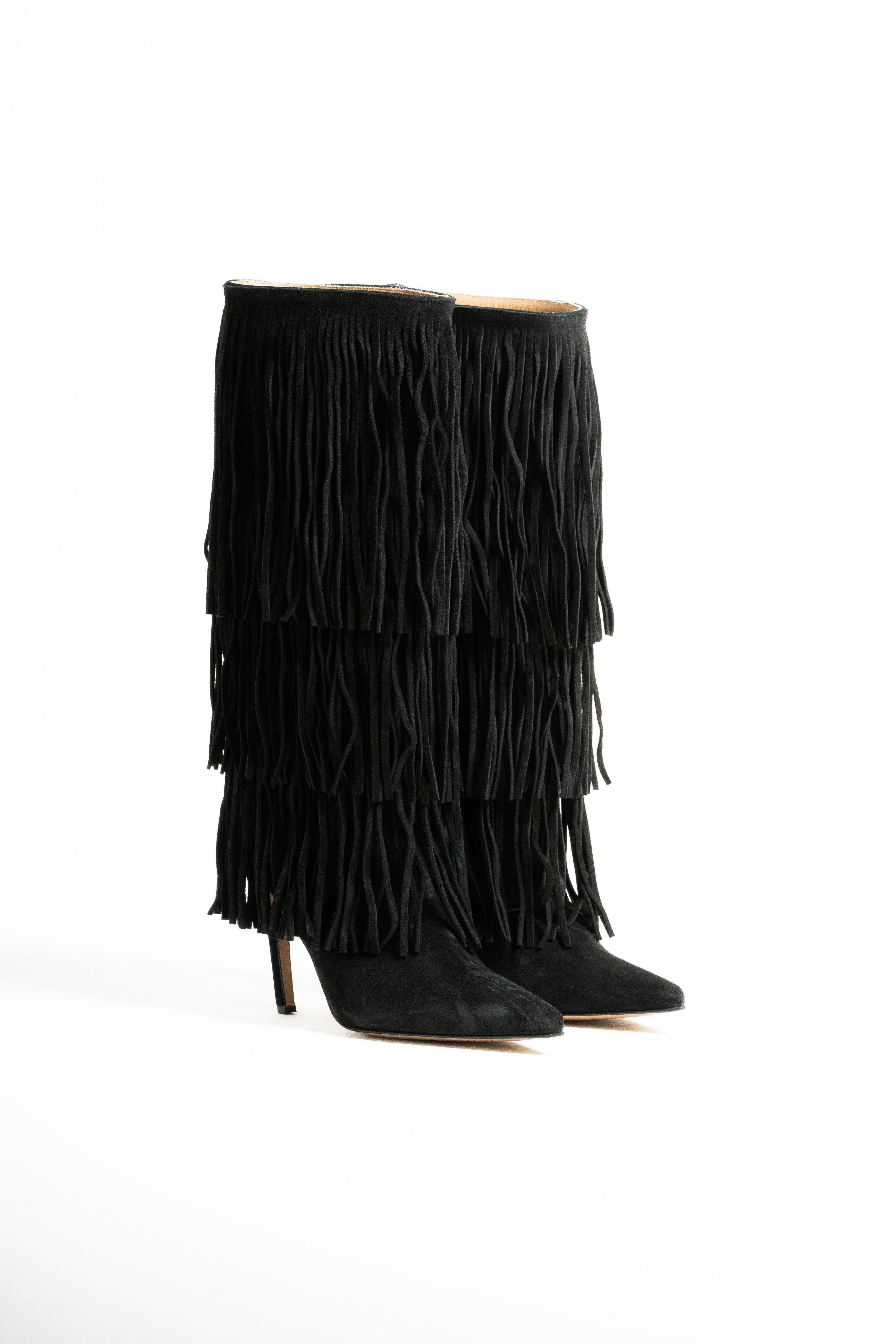 SCARLETT - Stivale Tubolare Sotto al Ginocchio Con Frange in Vero Camoscio Nero - Tacco Stiletto 10,5 Cm