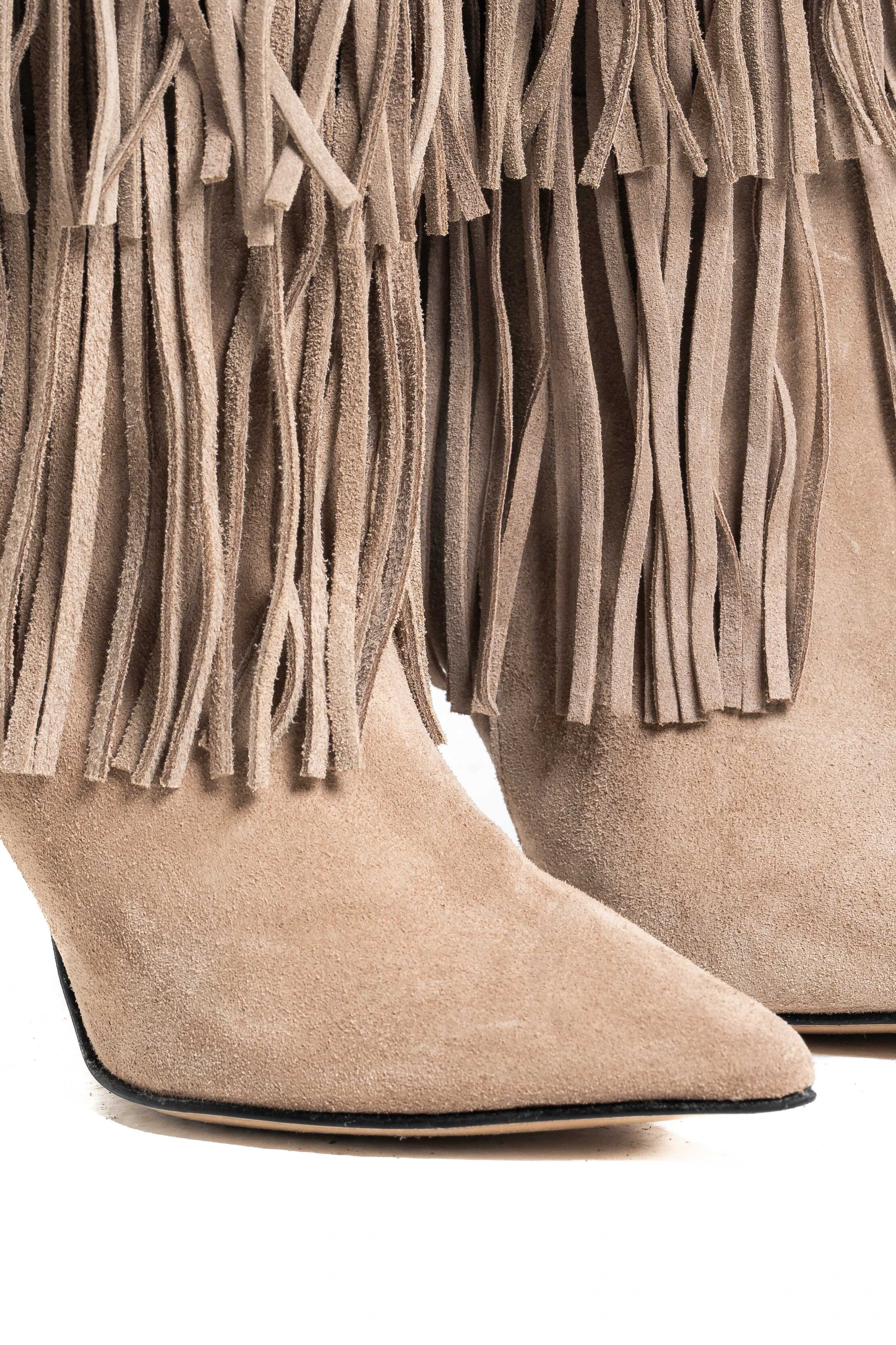 SCARLETT - Stivale Tubolare Sotto al Ginocchio Con Frange in Vero Camoscio Tortora - Tacco Stiletto 10,5 Cm