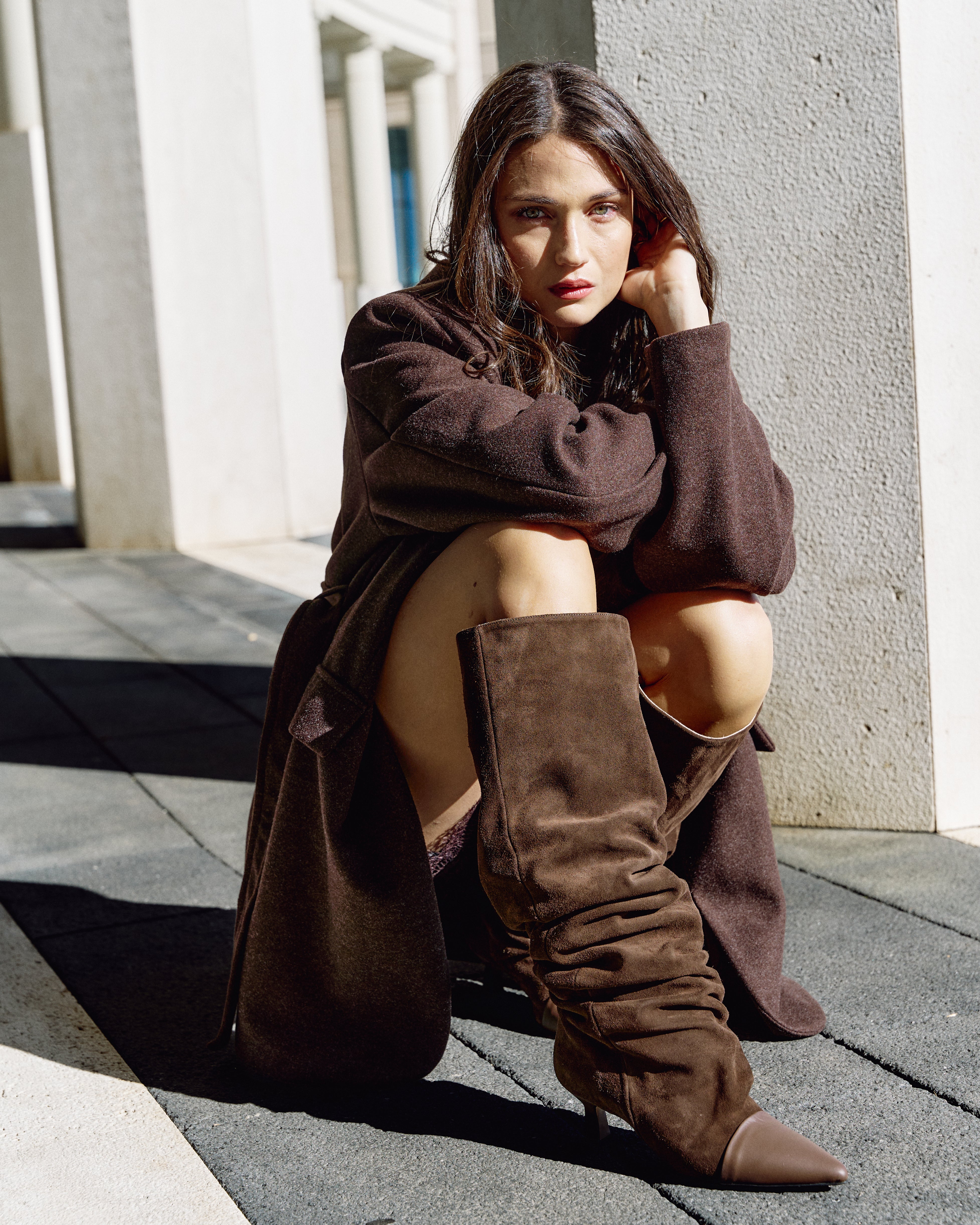 JENNIFER_TWINS - Stivale alto al ginocchio in Vero Camoscio e Vera Pelle Cioccolato - Tacco 5 Cm