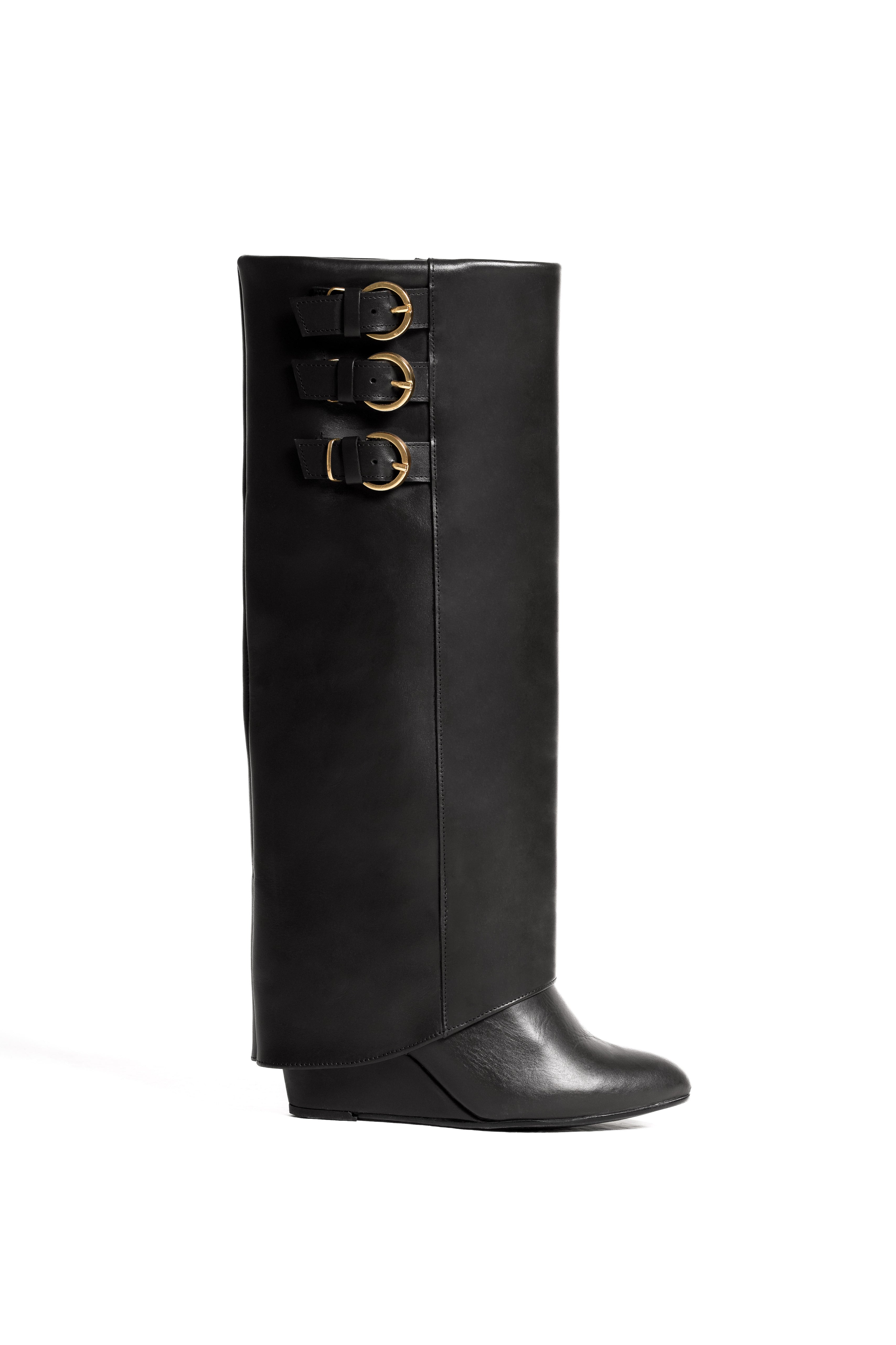 SOPHIE_BELT - Botín tubular en piel auténtica con hebillas y tacón/cuña de 7 cm