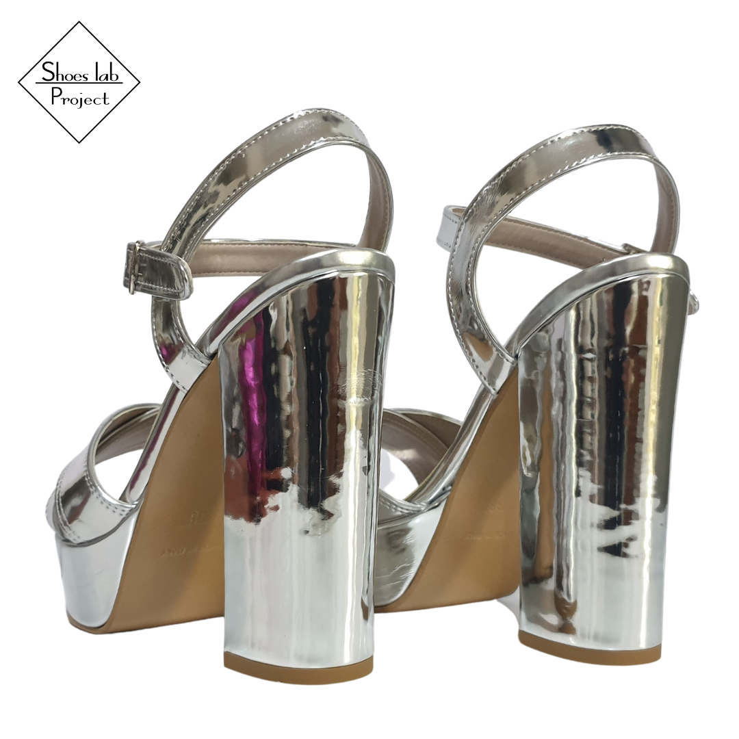ATHENA244 - Mirrored Silver Vinyl Sandal with Platform and Heel