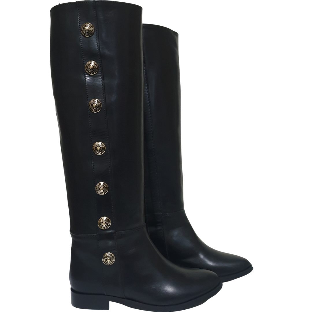 1125_GOLD_BUTTONS - Tubular Boot in Real Leather with Gold Buttons