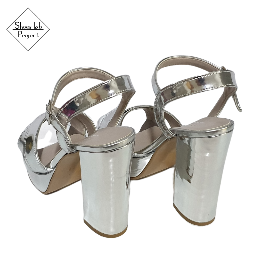 ATHENA244 - Mirrored Silver Vinyl Sandal with Platform and Heel
