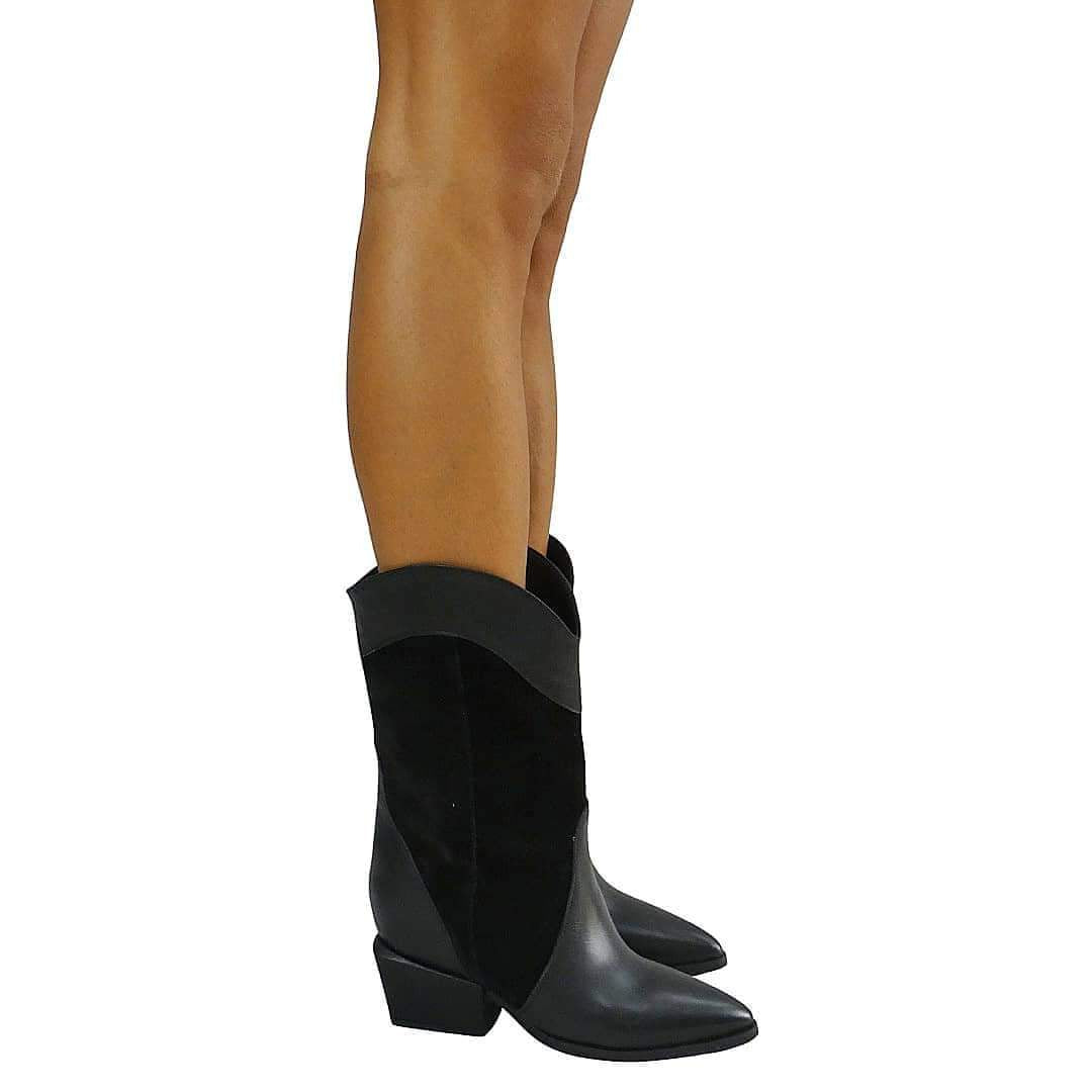 ALICE 200 - Camperos mood tubular boot in Real Black Suede and Real Black Leather with internal rise