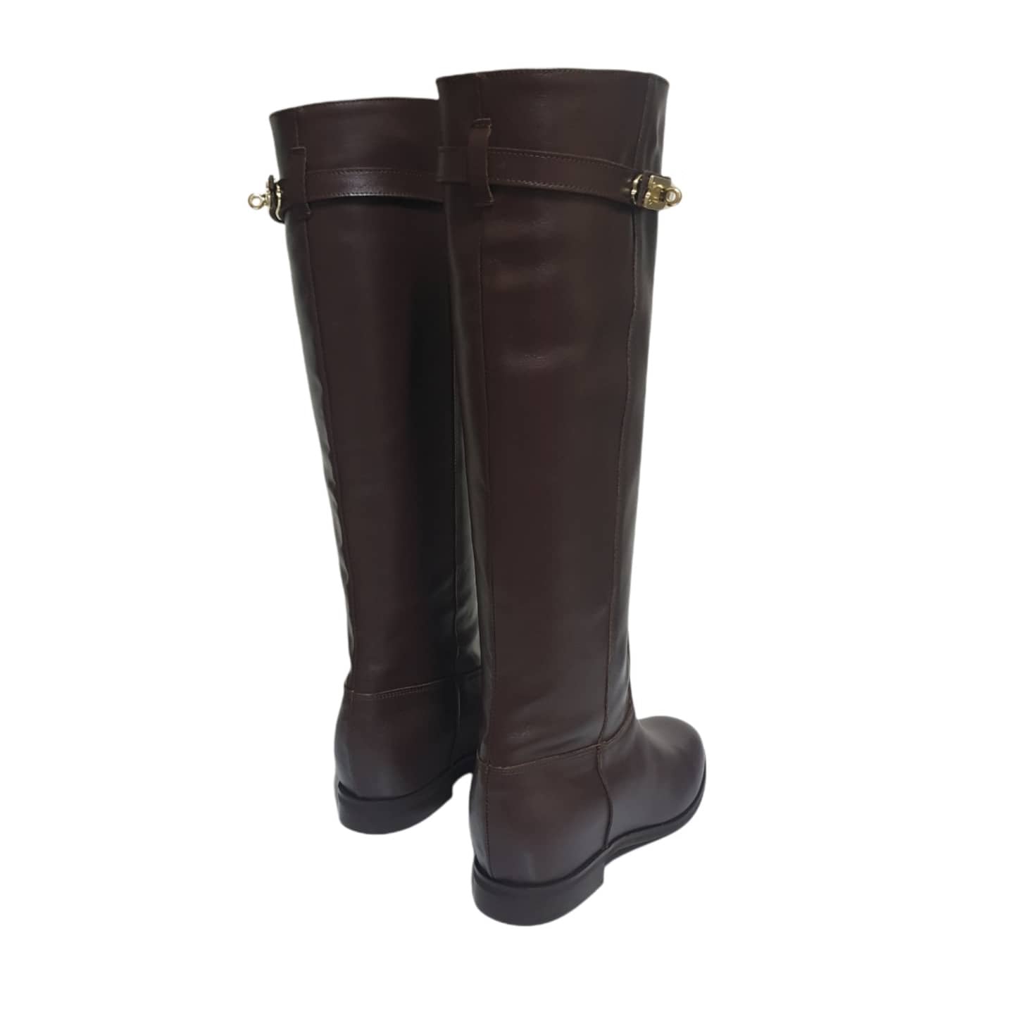 ELYZABETH - Dark Brown Genuine Leather Tubular Boot with Strap and Gold Accessory and Internal Lift