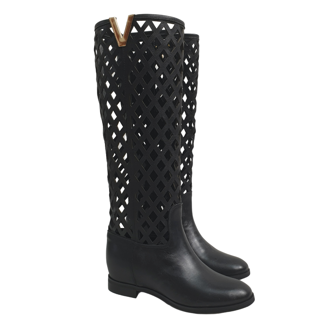 R120_NET - Tubular boot in Perforated Black Genuine Leather with golden accessory and internal rise