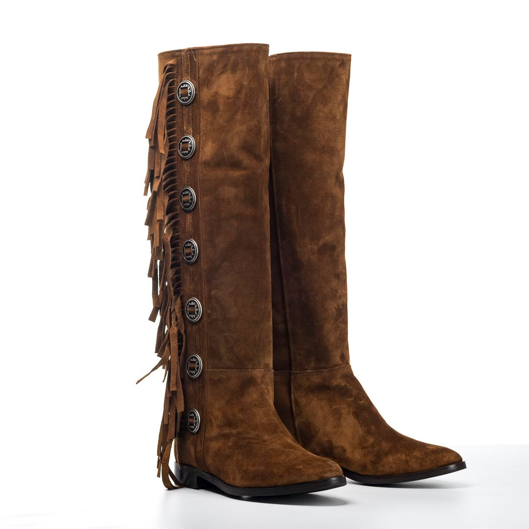 1125_INDIAN - Tubular boot in real suede leather with fringes and Indian mood buttons