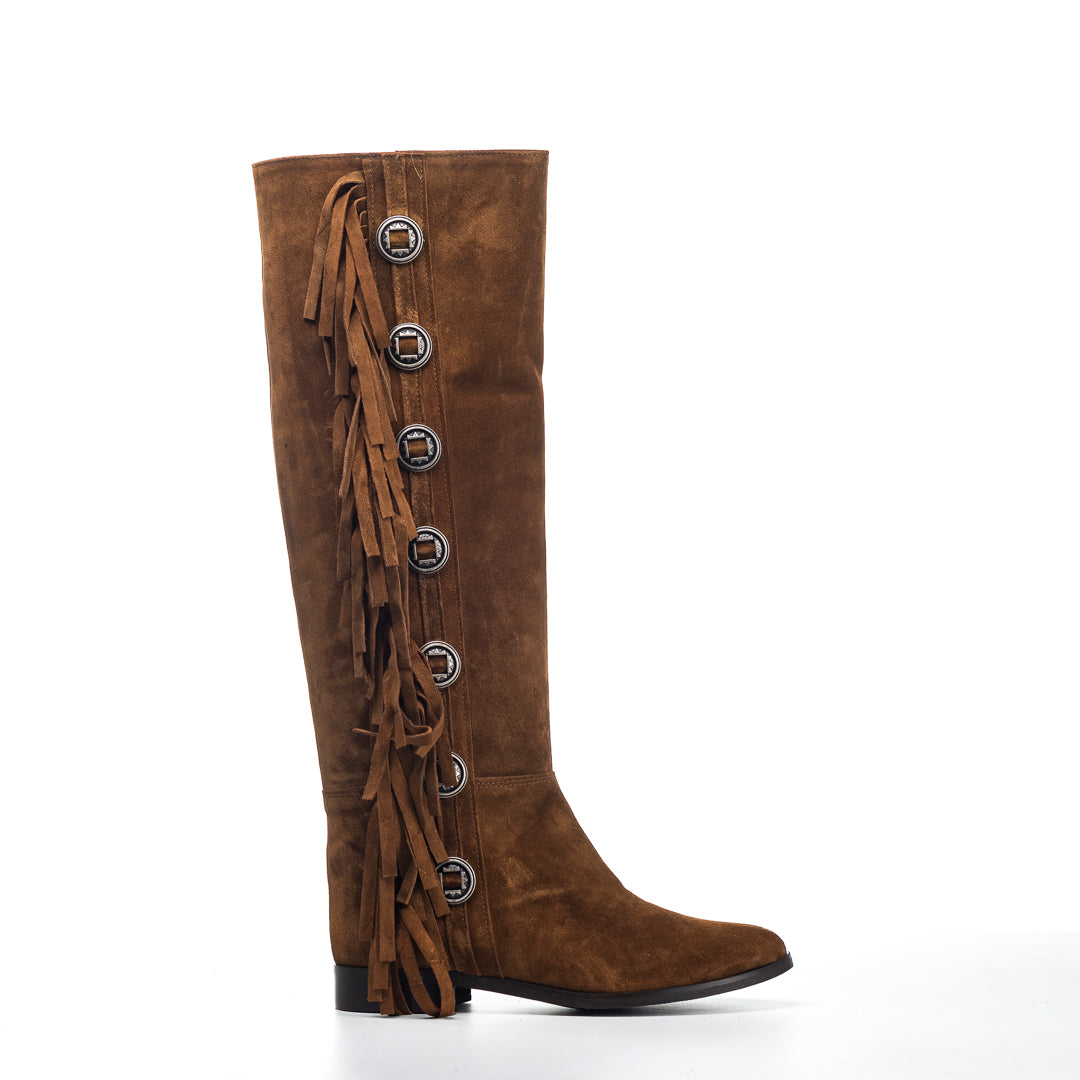 1125_INDIAN - Tubular boot in real suede leather with fringes and Indian mood buttons