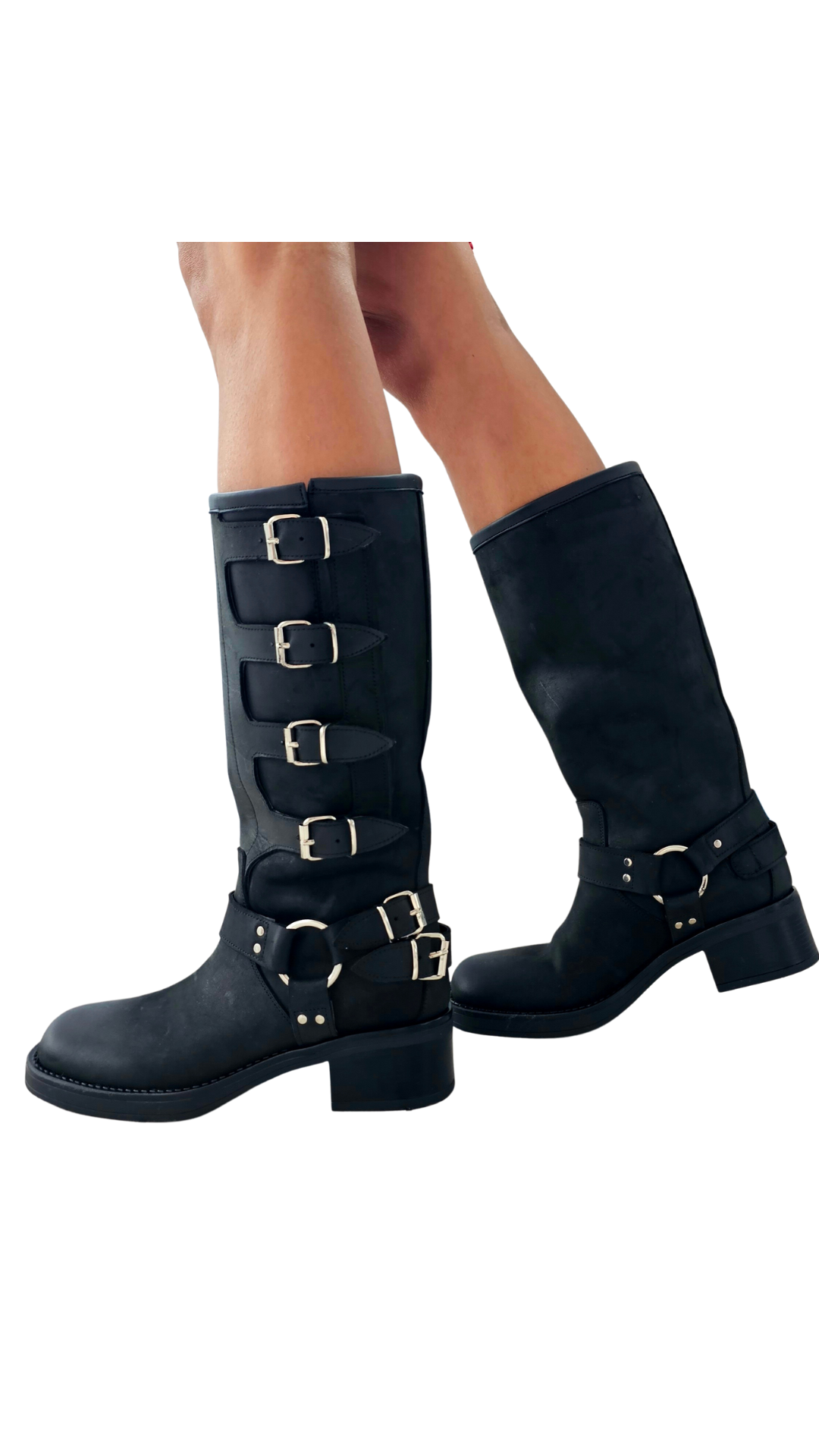 ANGIE - Tubular boot mood Biker Amphibian in Black Suede with Rubber Sole and Buckles