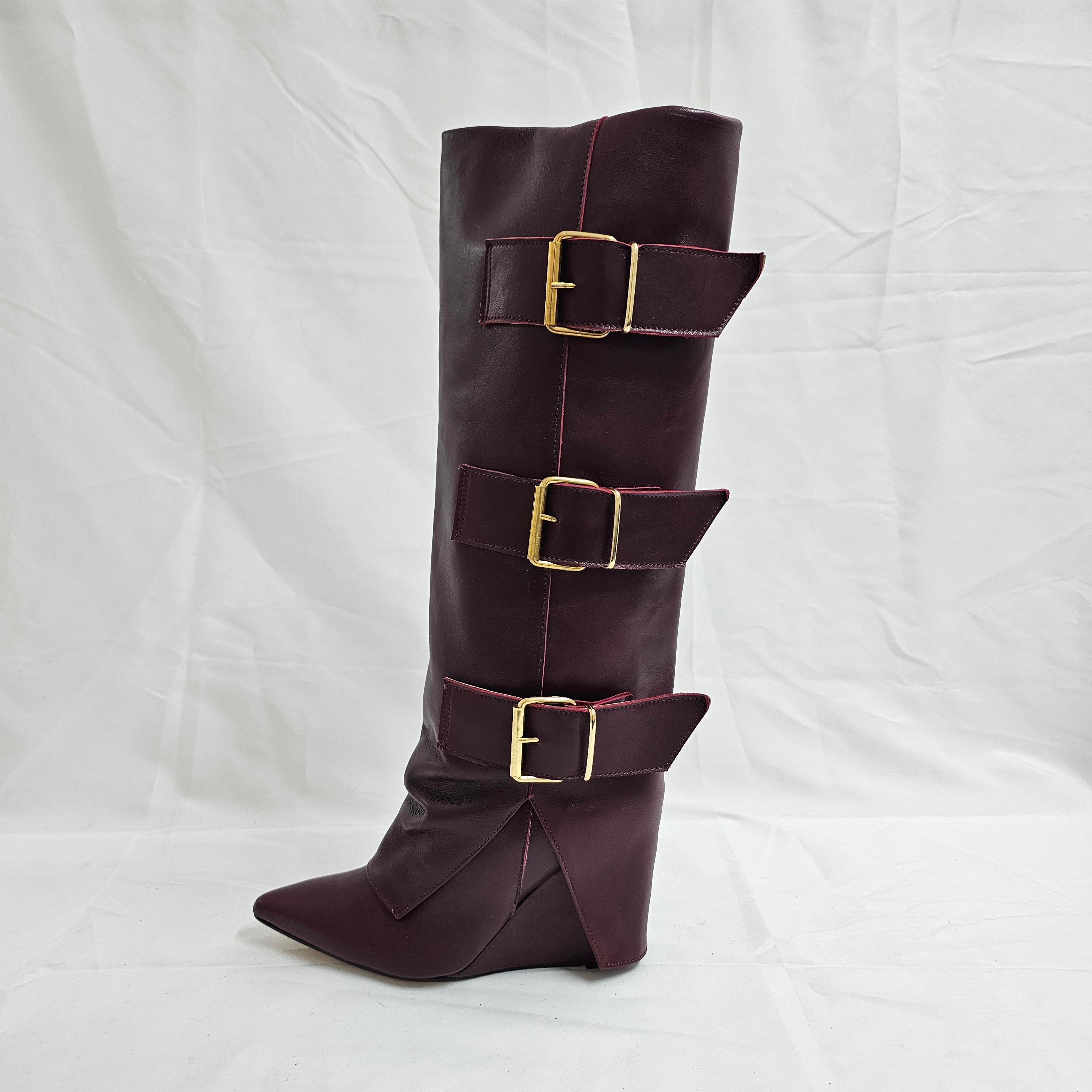 VARSAVIA - Plum Genuine Leather Tubular Boot with 3 Buckles and 11cm Wedge