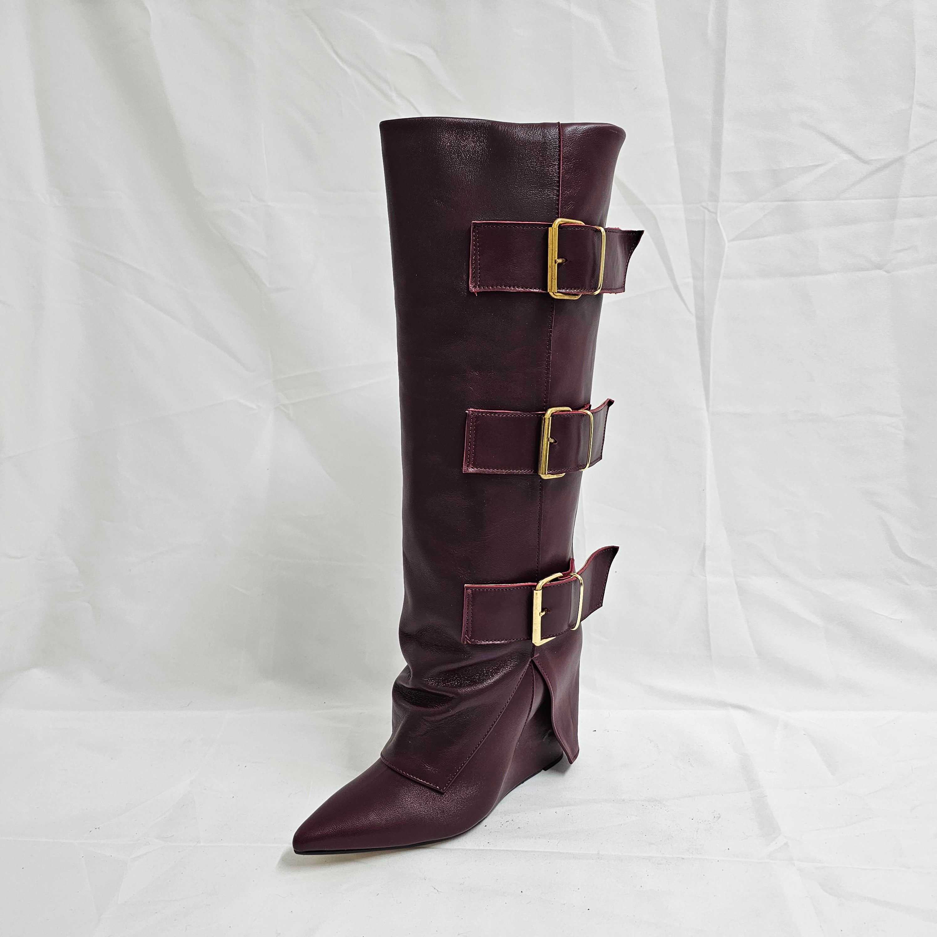 VARSAVIA - Plum Genuine Leather Tubular Boot with 3 Buckles and 11cm Wedge