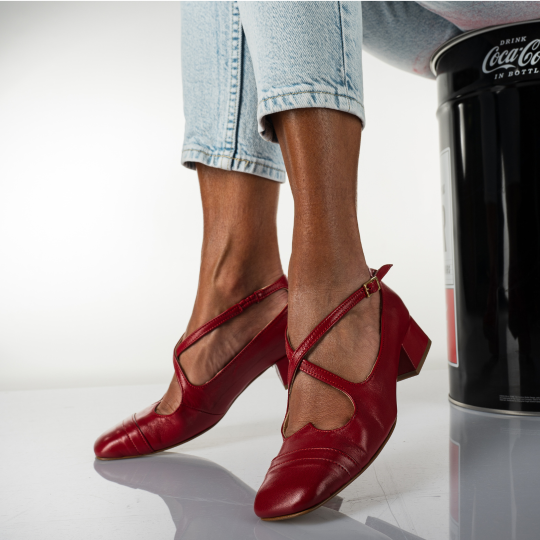 IRINA - Red Leather Criss-cross Pump with Sweetheart Neckline and Crossover Straps on the Instep with Square Toe