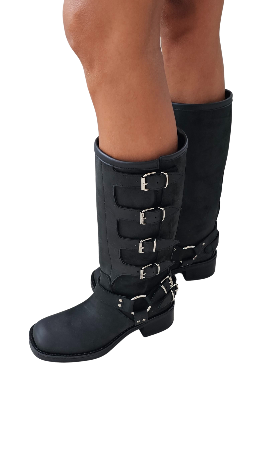 ANGIE - Tubular boot mood Biker Amphibian in Black Suede with Rubber Sole and Buckles