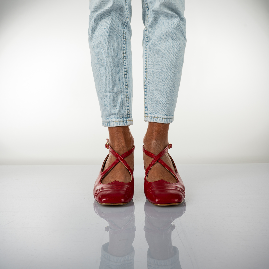 IRINA - Red Leather Criss-cross Pump with Sweetheart Neckline and Crossover Straps on the Instep with Square Toe