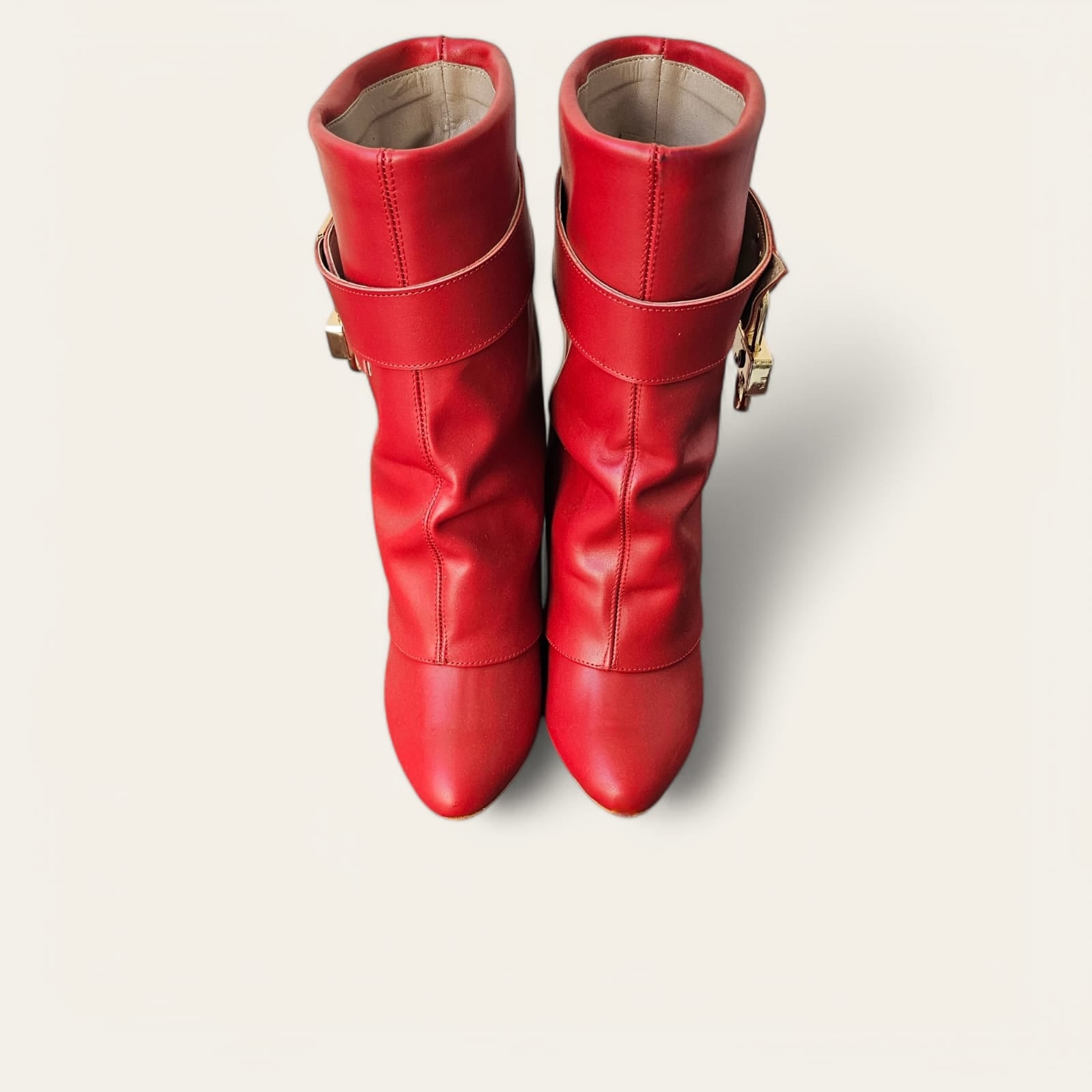 722 - Red Genuine Leather Tubular Ankle Boot with Cuff and Gold Accessory - 7cm Wedge