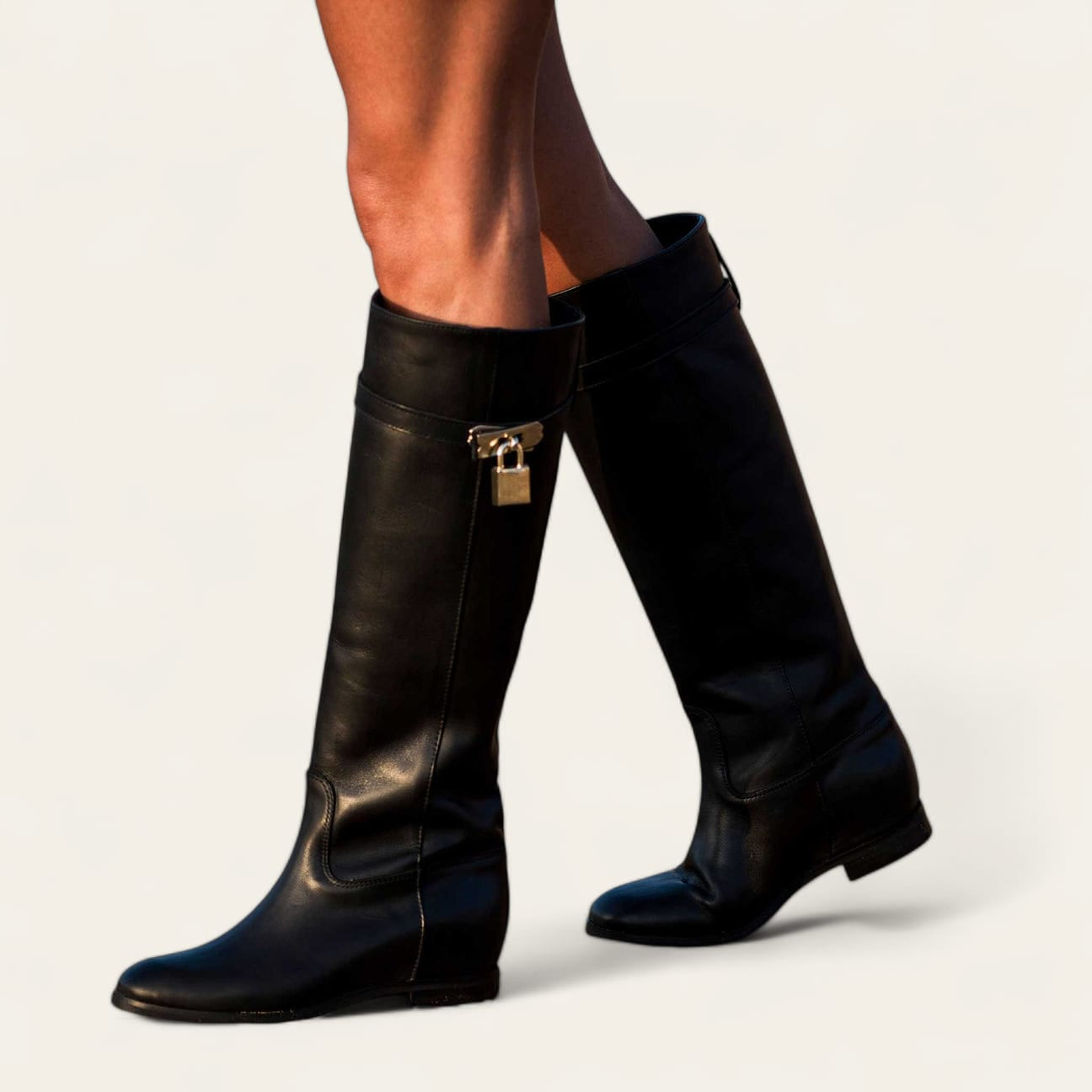 9100 - Black Genuine Leather Tubular Boot with Strap and Gold Accessory - 3cm Internal Lift