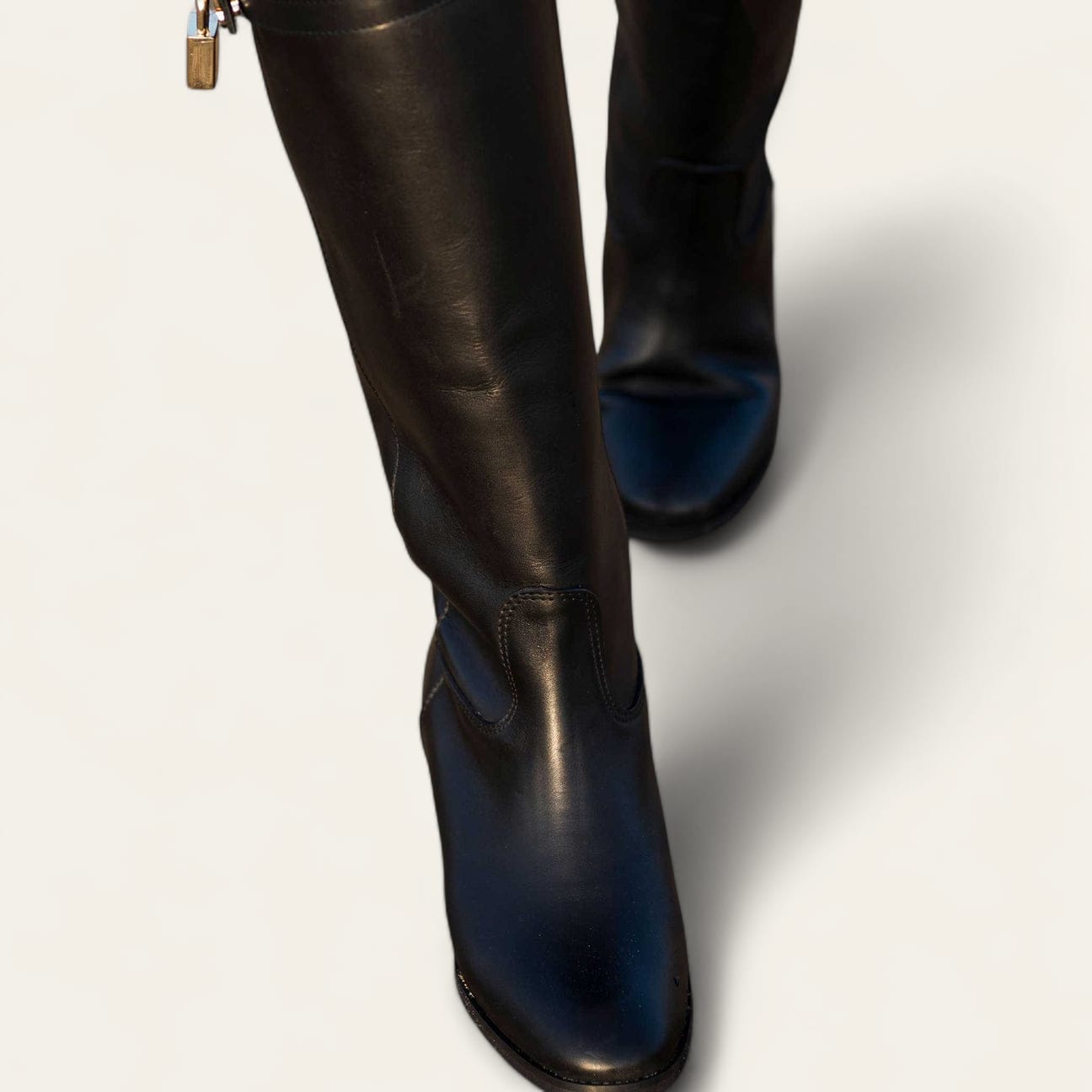 9100 - Black Genuine Leather Tubular Boot with Strap and Gold Accessory - 3cm Internal Lift